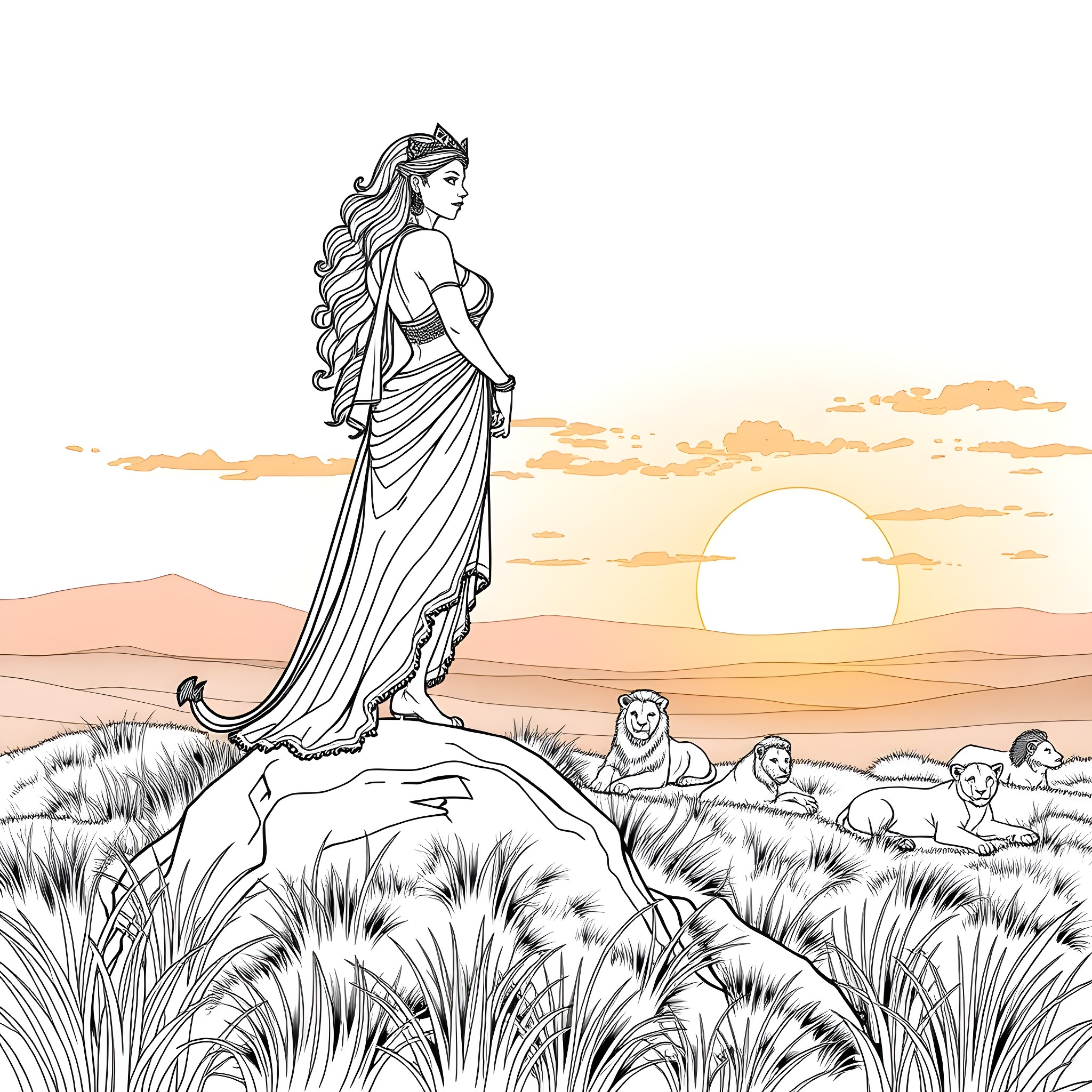 Nirmala's Regal Presence in the Desert Landscape Coloring Page (free black-and-white line drawing printable PDF for all, from beginners to advanced learners, including children, teens, adults, and seniors)