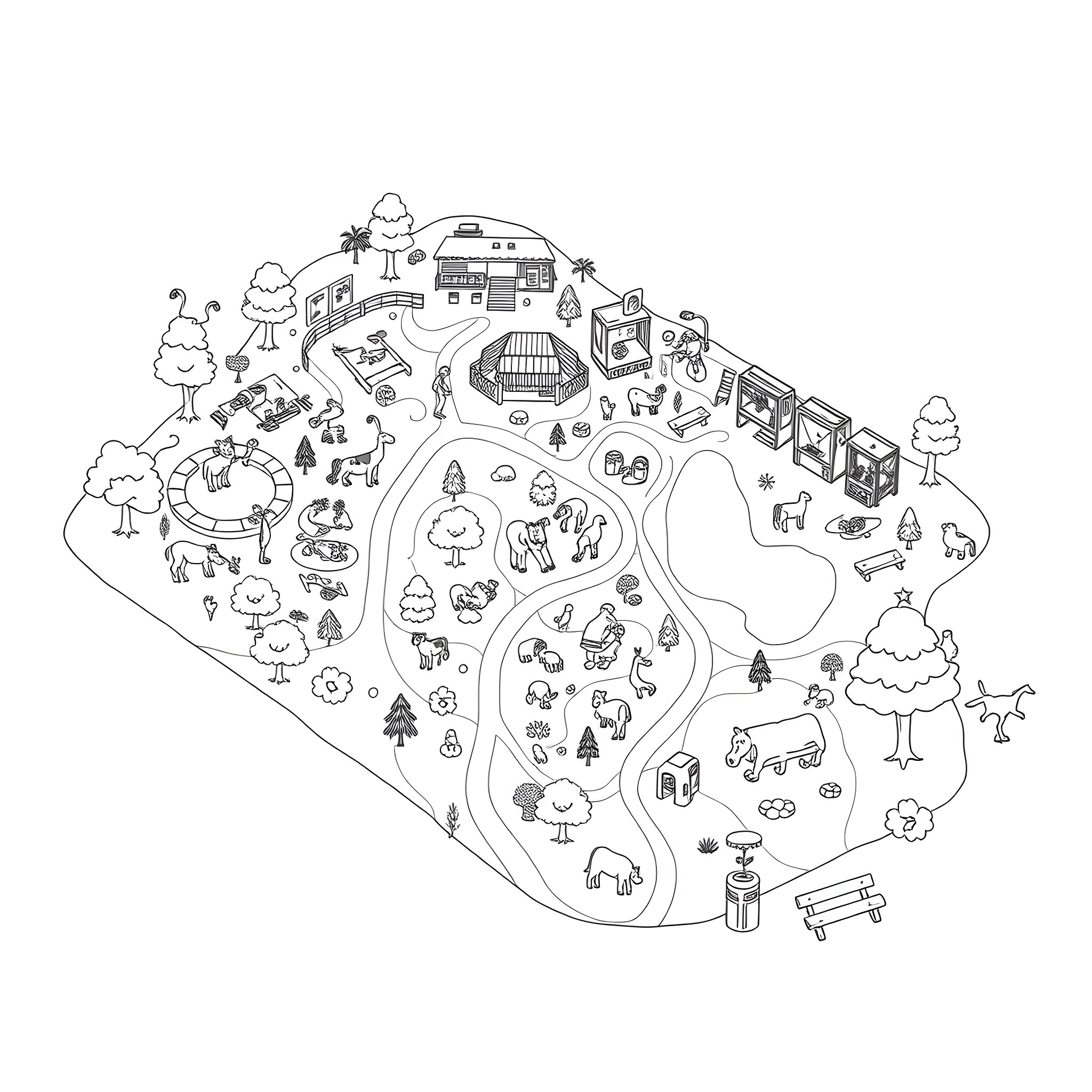 Zoo scene with diverse animals and structures Coloring Page (free black-and-white line drawing printable PDF for all, from beginners to advanced learners, including children, teens, adults, and seniors)