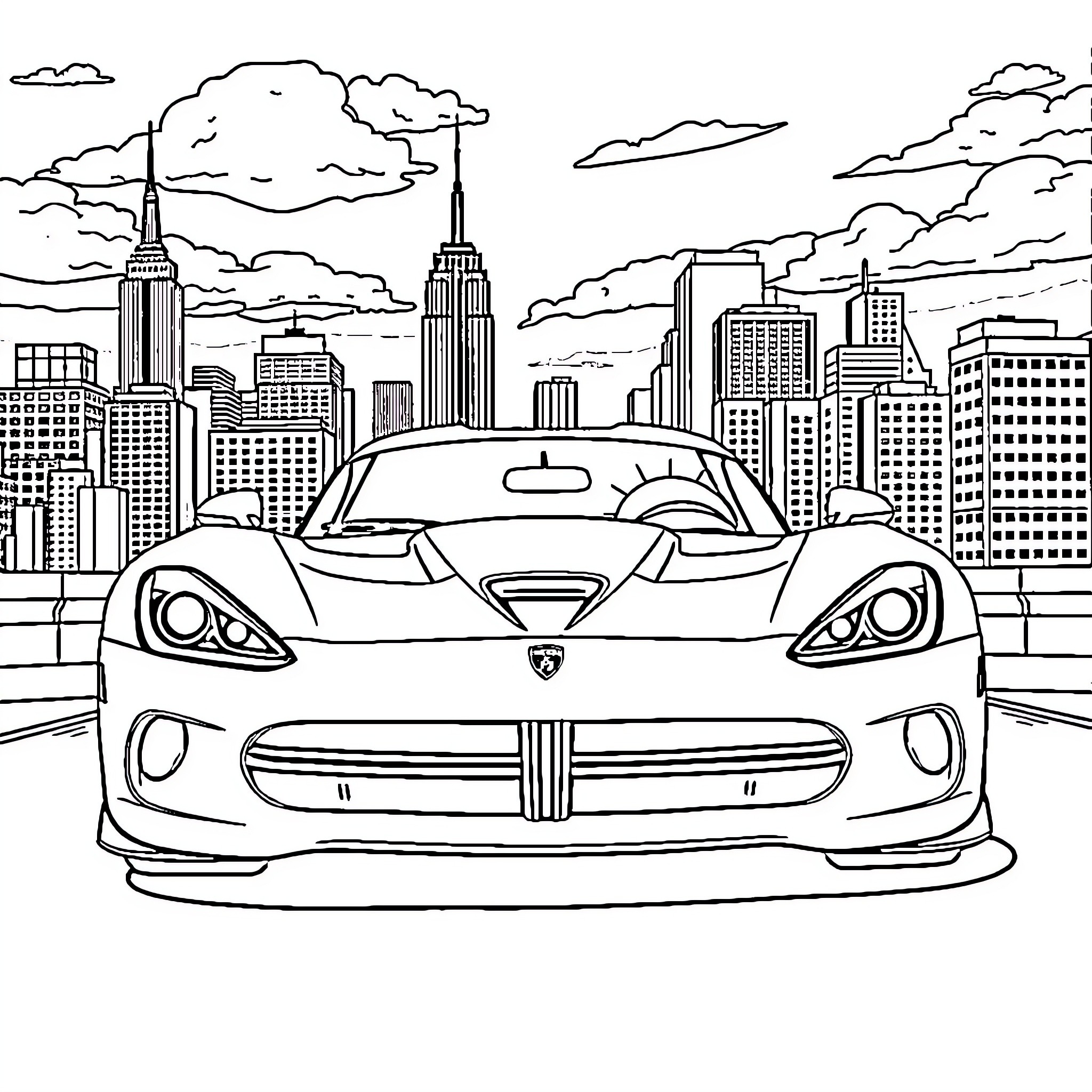 Dodge Viper speeding through the city skyline Coloring Page (free black-and-white line drawing printable PDF for all, from beginners to advanced learners, including children, teens, adults, and seniors)