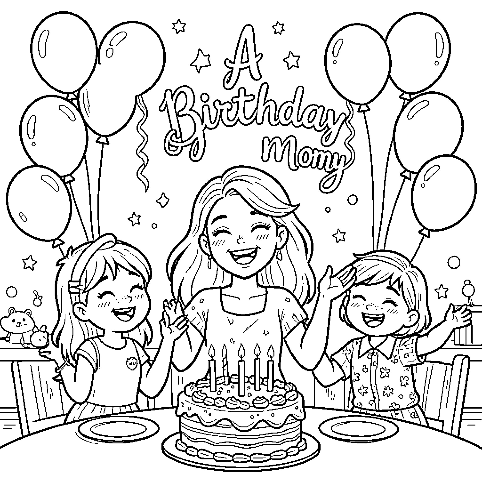 Mommy celebrating a birthday with her two happy daughters Coloring Page (free black-and-white line drawing printable PDF for all, from beginners to advanced learners, including children, teens, adults, and seniors)