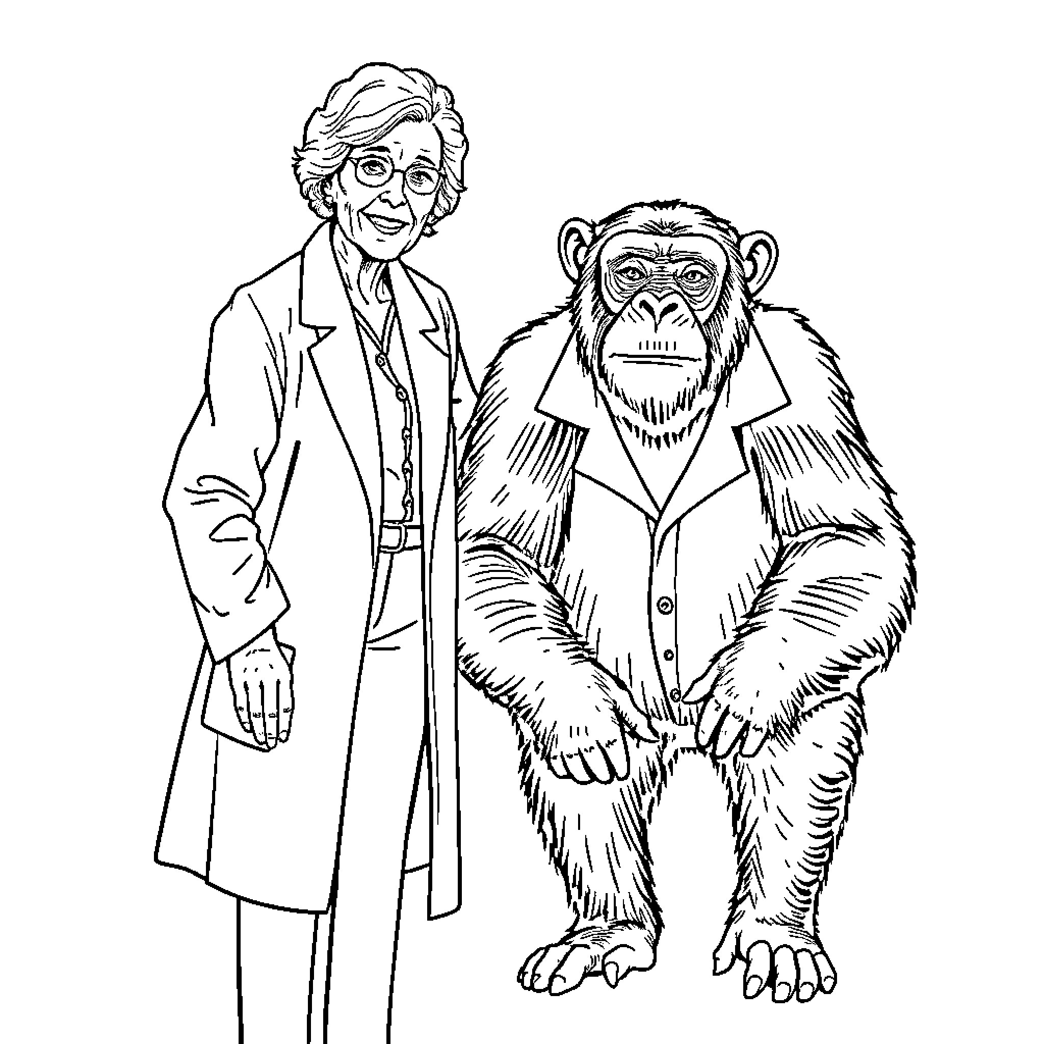 Jane Goodall meeting with a chimpanzee in the wild Coloring Page (free black-and-white line drawing printable PDF for all, from beginners to advanced learners, including children, teens, adults, and seniors)