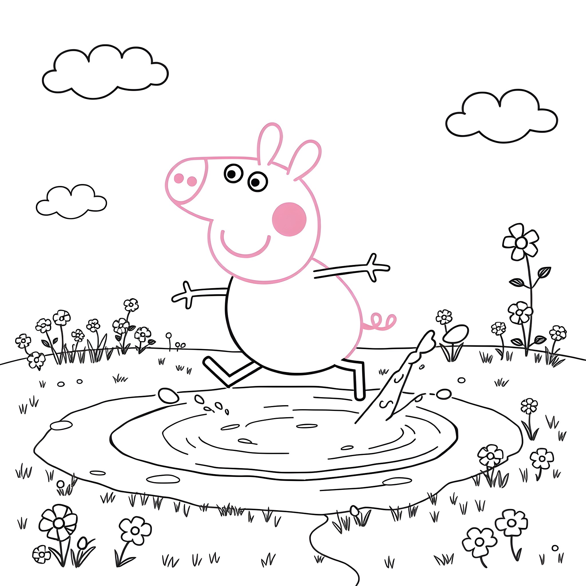 Peppa Pig playing joyfully in a puddle Coloring Page (free black-and-white line drawing printable PDF for all, from beginners to advanced learners, including children, teens, adults, and seniors)