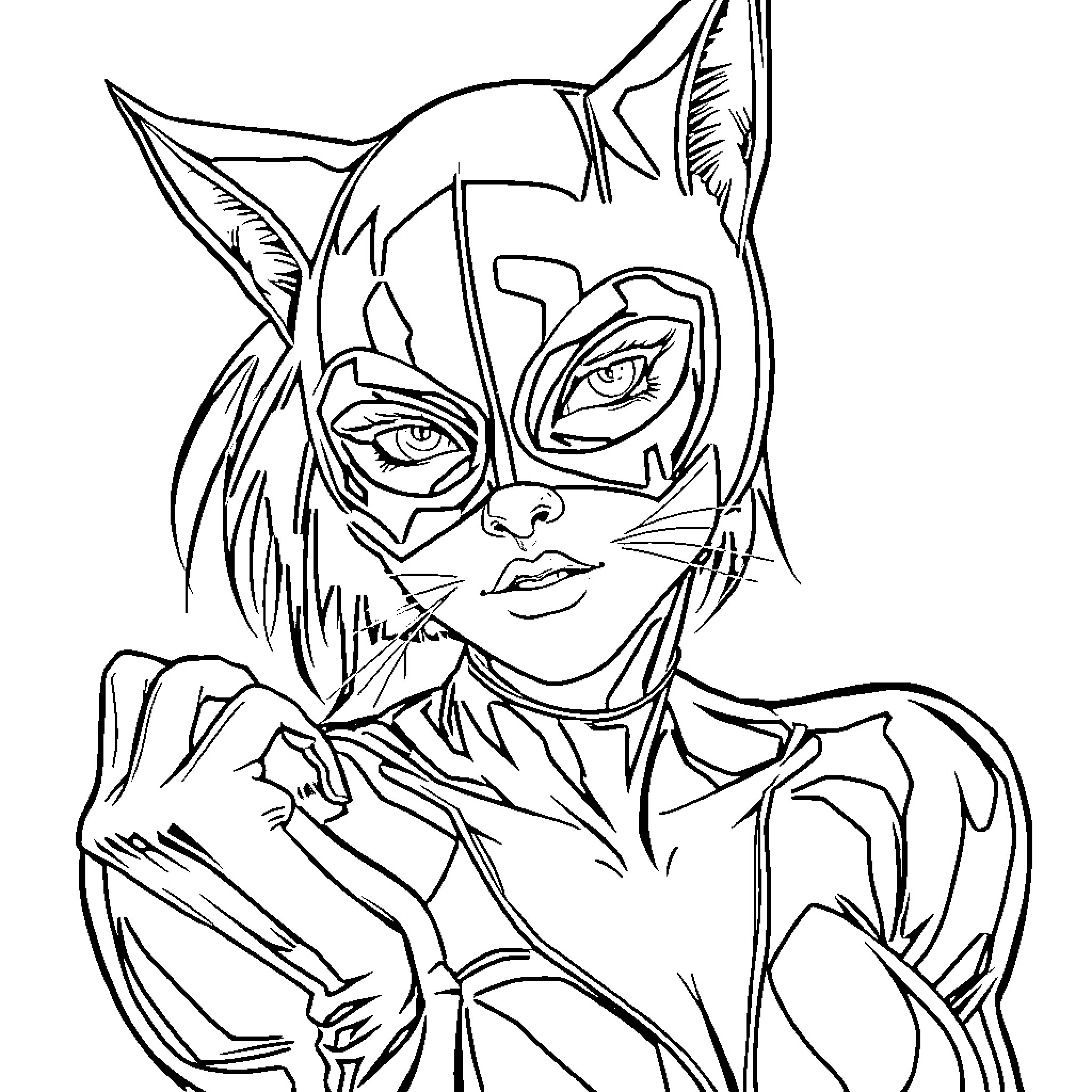 Catwoman in action-packed heroic pose Coloring Page (free black-and-white line drawing printable PDF for all, from beginners to advanced learners, including children, teens, adults, and seniors)