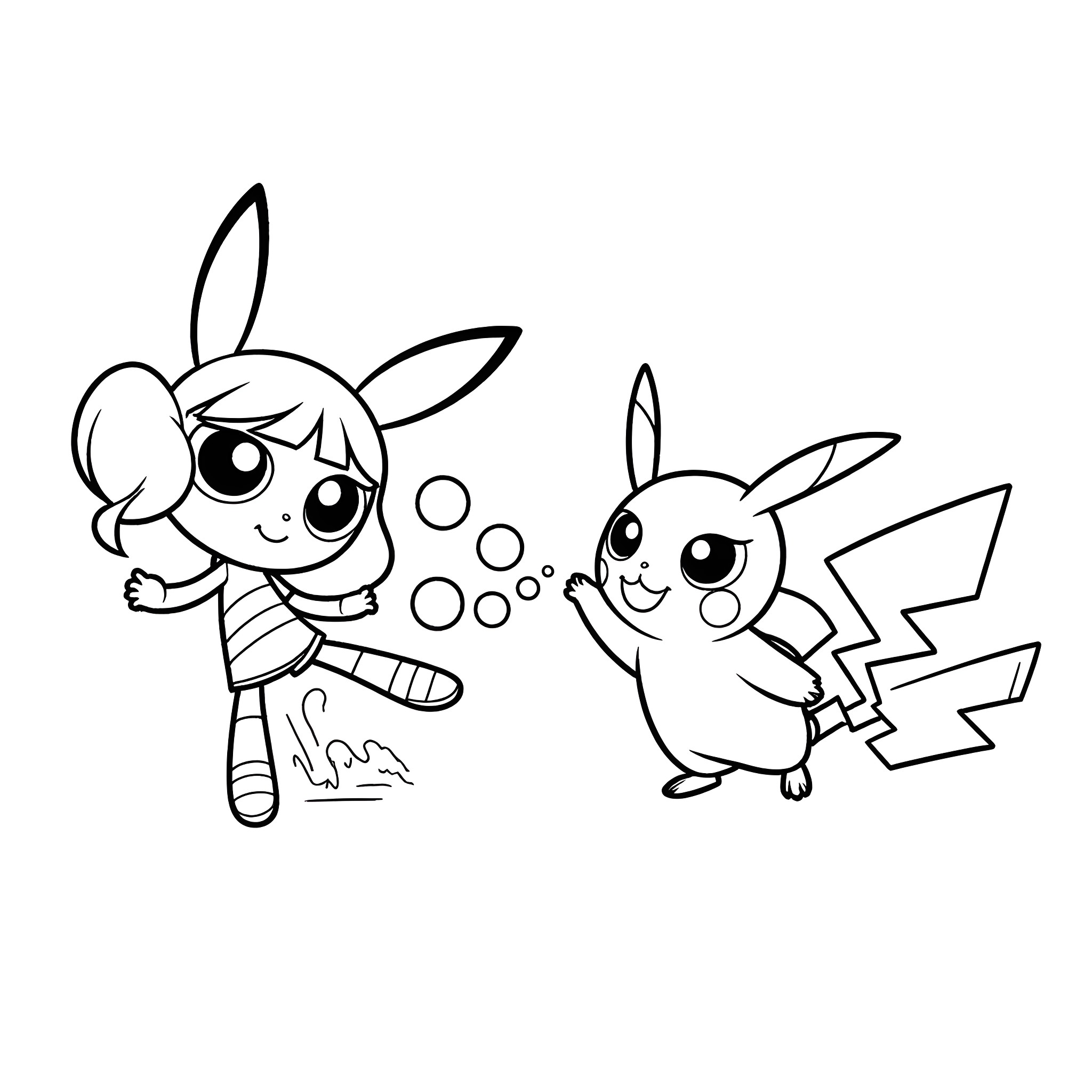 Power Puff Girls playfully interacting with Pikachu Coloring Page (free black-and-white line drawing printable PDF for all, from beginners to advanced learners, including children, teens, adults, and seniors)