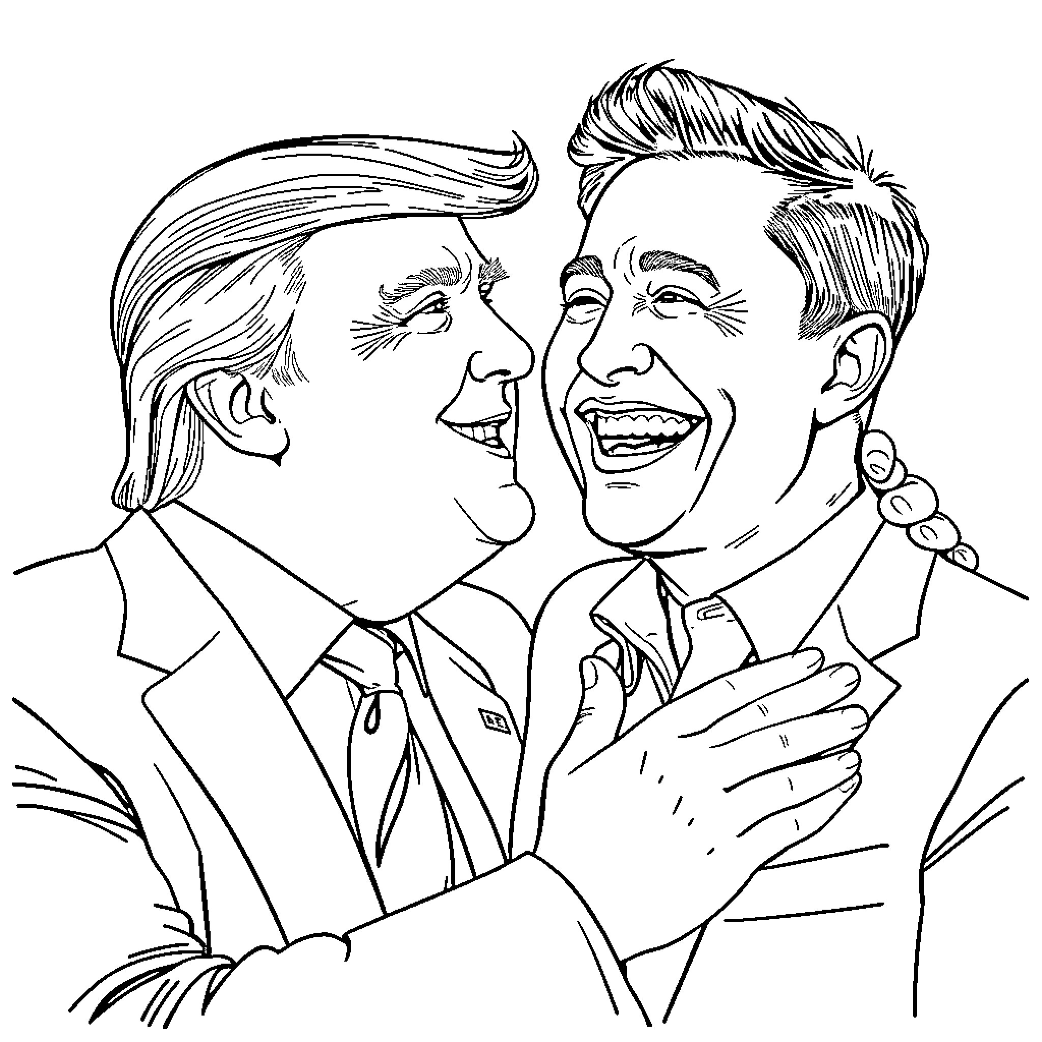 Trump and his associate engaged in animated discussion Coloring Page (free black-and-white line drawing printable PDF for all, from beginners to advanced learners, including children, teens, adults, and seniors)
