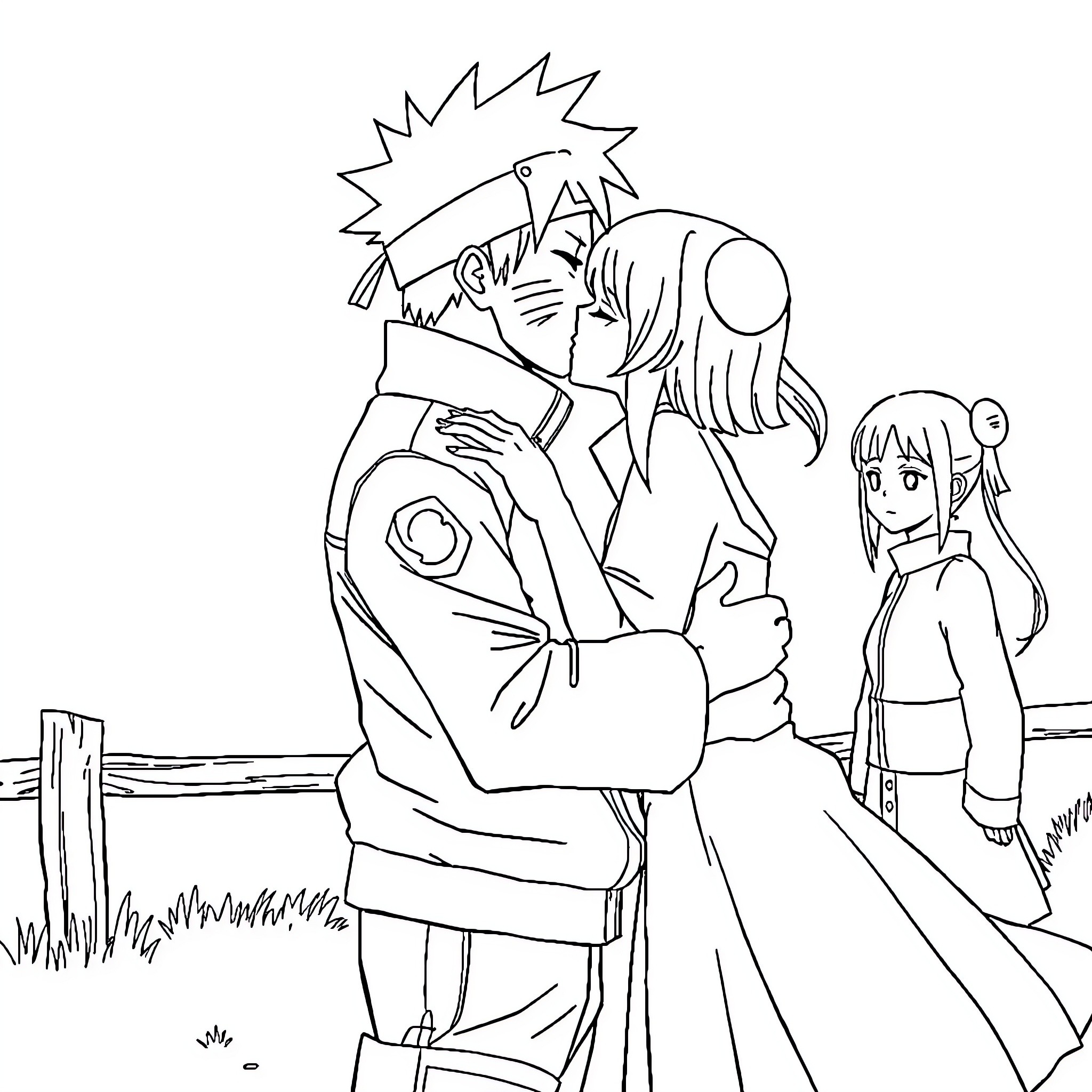 Naruto's heartfelt embrace with comrades in the field Coloring Page (free black-and-white line drawing printable PDF for all, from beginners to advanced learners, including children, teens, adults, and seniors)