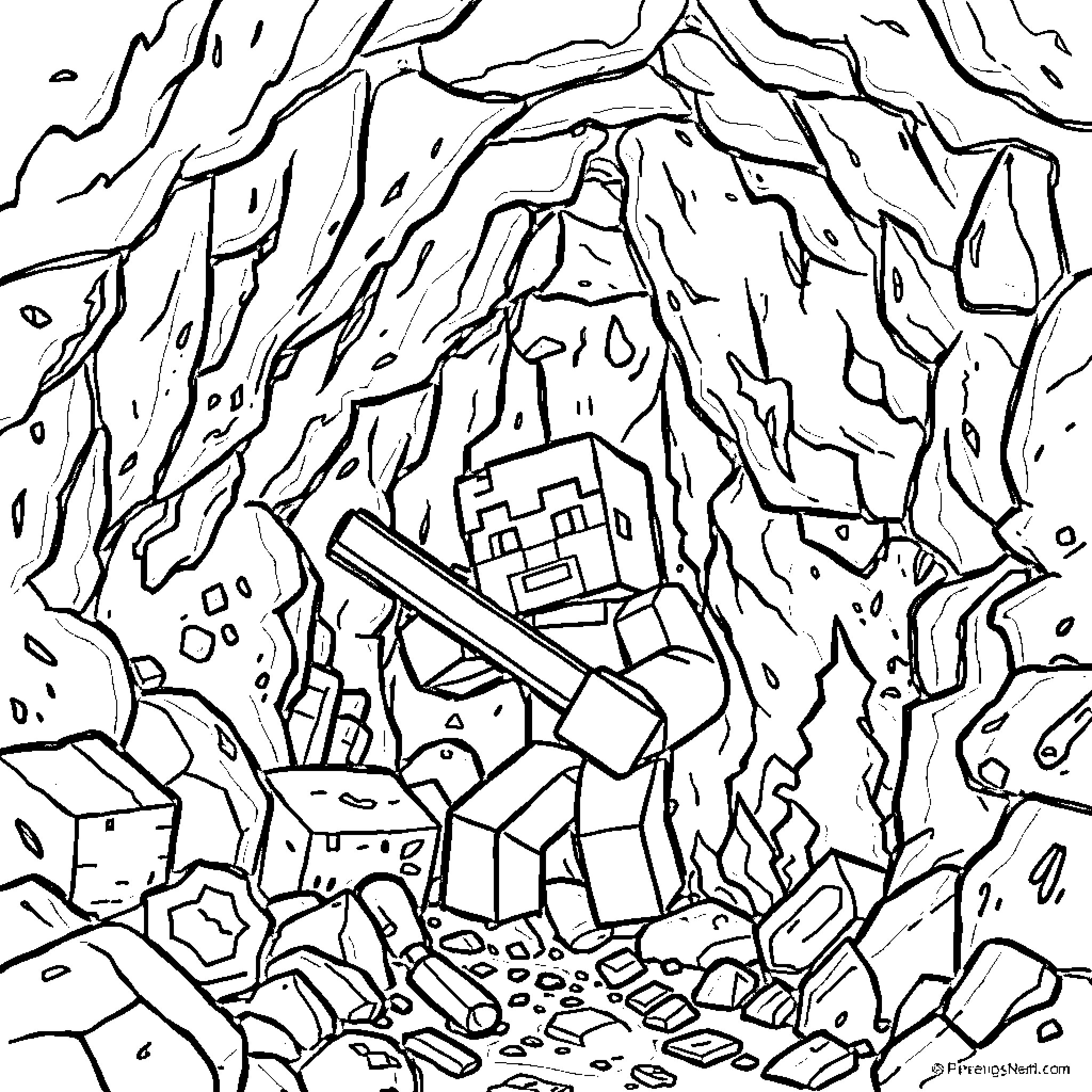 Steve's Adventure in the Mountainous Cavern Coloring Page (free black-and-white line drawing printable PDF for all, from beginners to advanced learners, including children, teens, adults, and seniors)