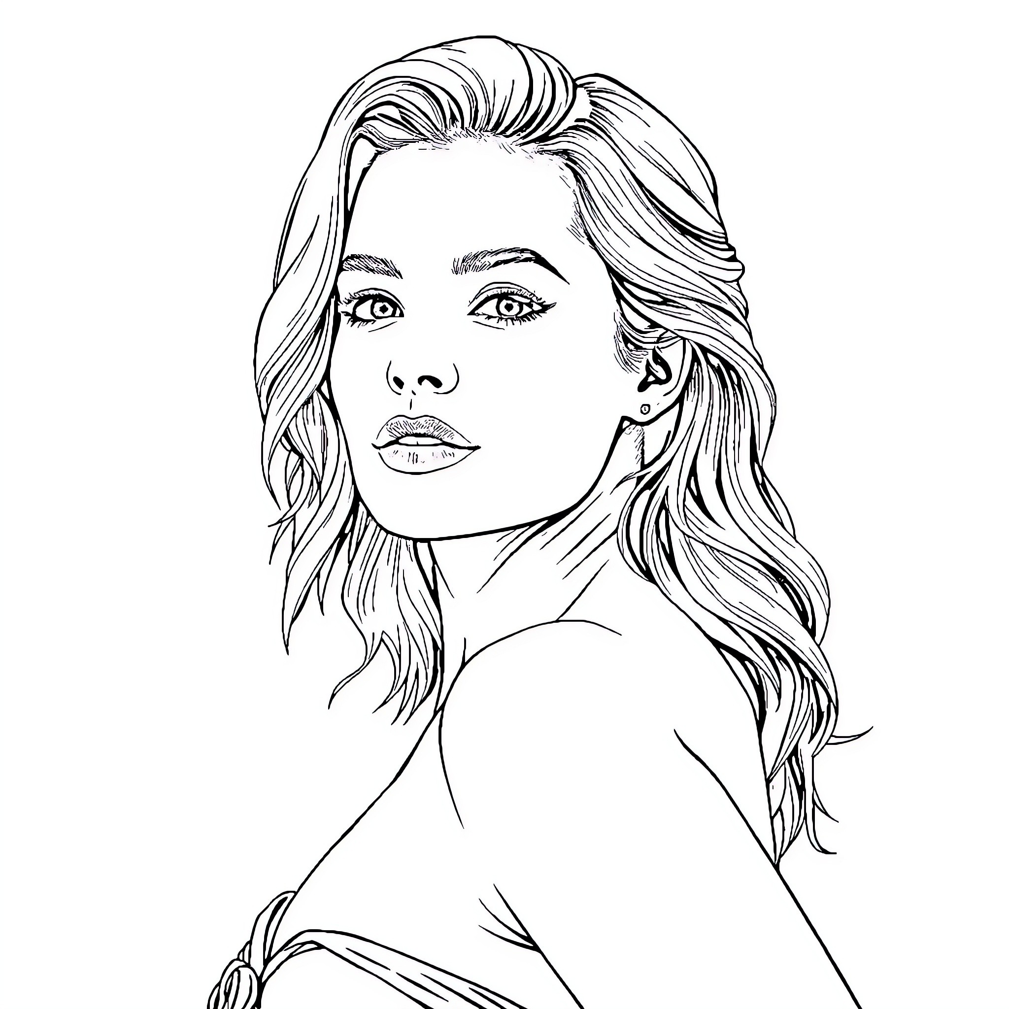 Margot Robbie in a pensive, thoughtful pose Coloring Page (free black-and-white line drawing printable PDF for all, from beginners to advanced learners, including children, teens, adults, and seniors)