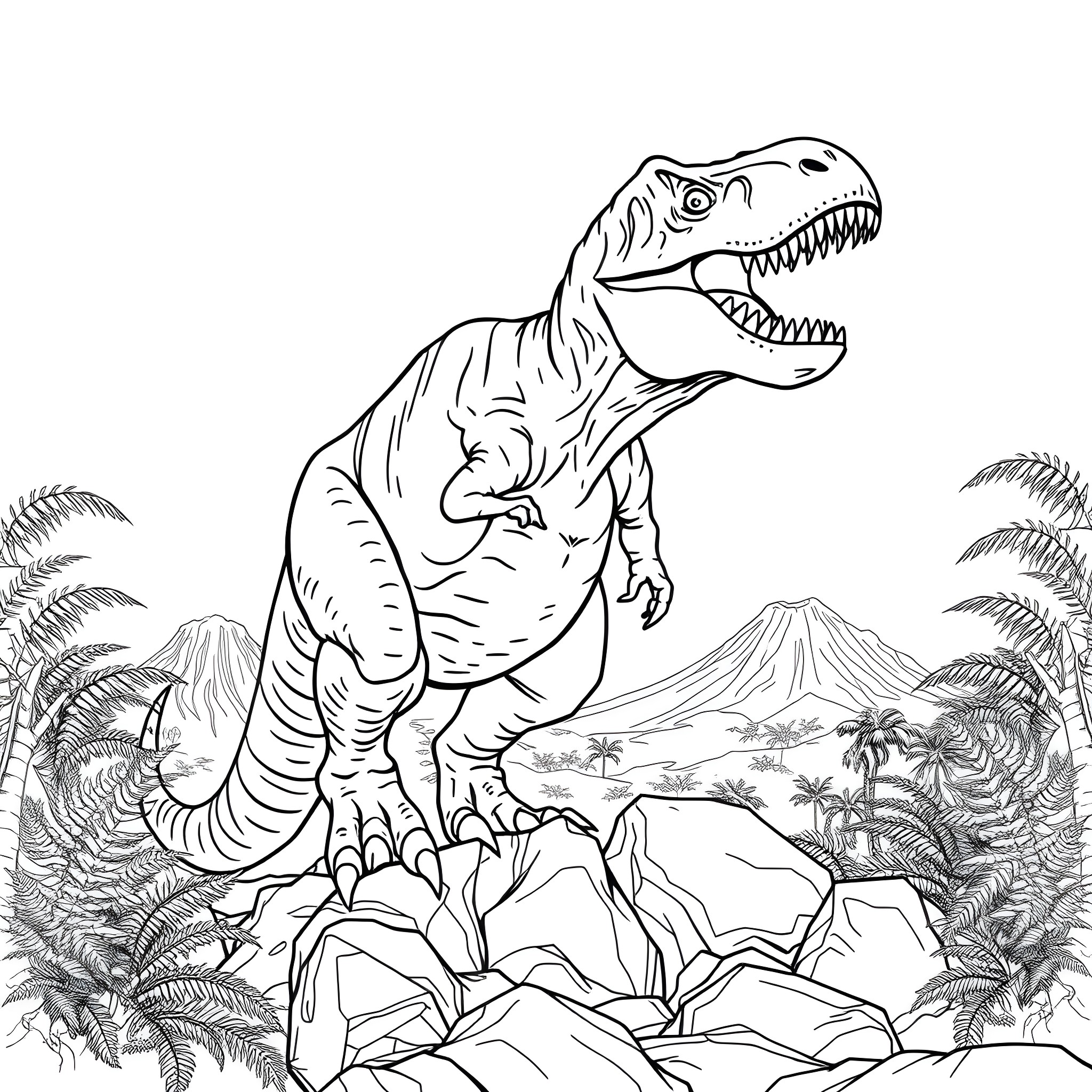 T-Rex Roaring Powerfully in Prehistoric Landscape Coloring Page (free black-and-white line drawing printable PDF for all, from beginners to advanced learners, including children, teens, adults, and seniors)