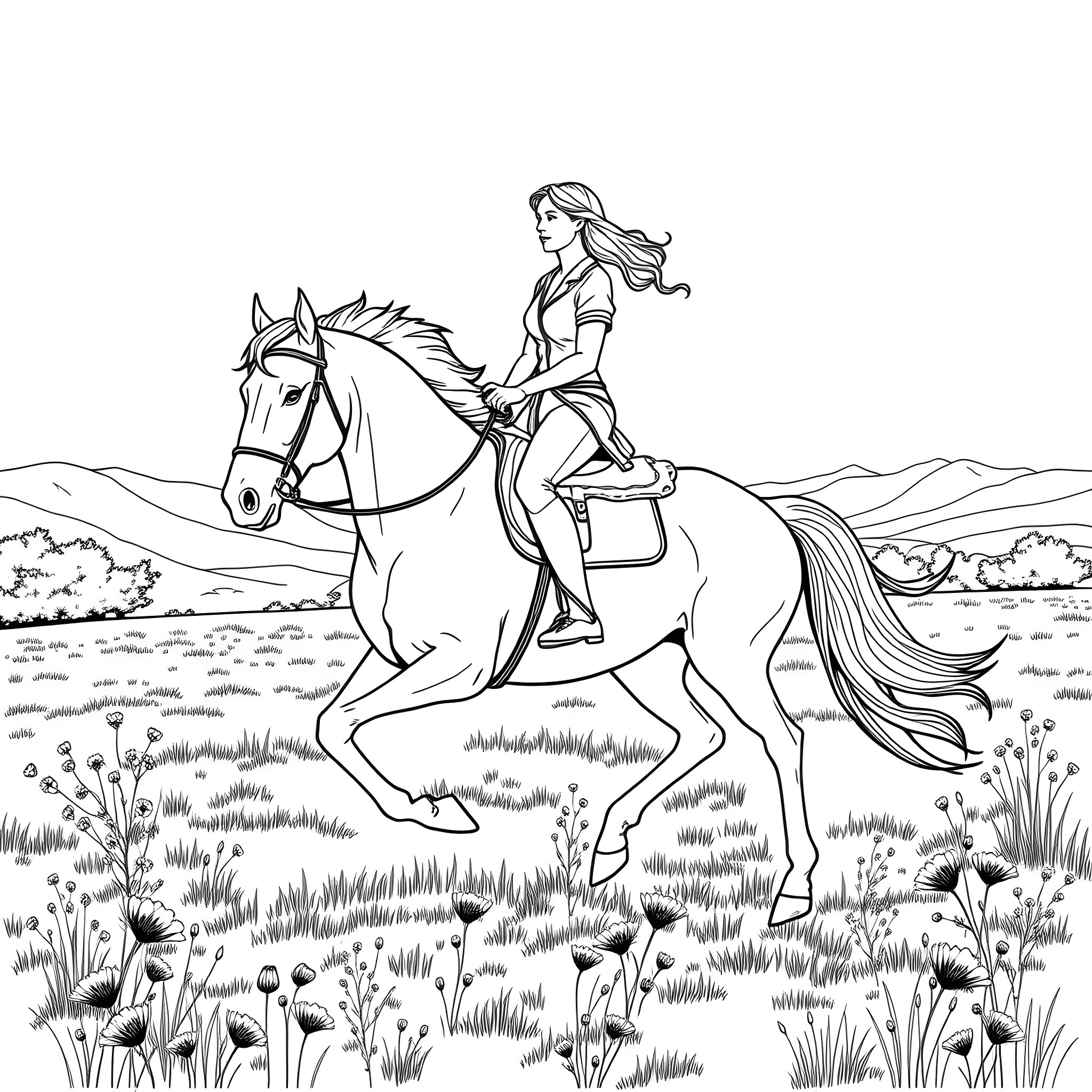 Horse and rider in a scenic field Coloring Page (free black-and-white line drawing printable PDF for all, from beginners to advanced learners, including children, teens, adults, and seniors)