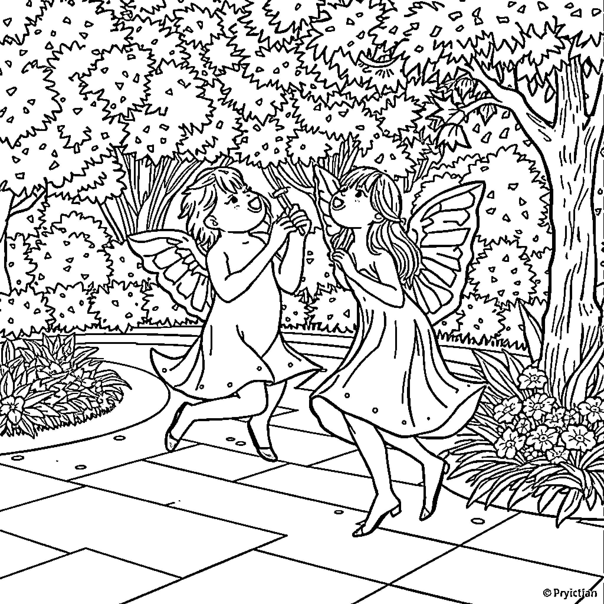 Vowels Dancing Beneath the Blooming Canopy Coloring Page (free black-and-white line drawing printable PDF for all, from beginners to advanced learners, including children, teens, adults, and seniors)