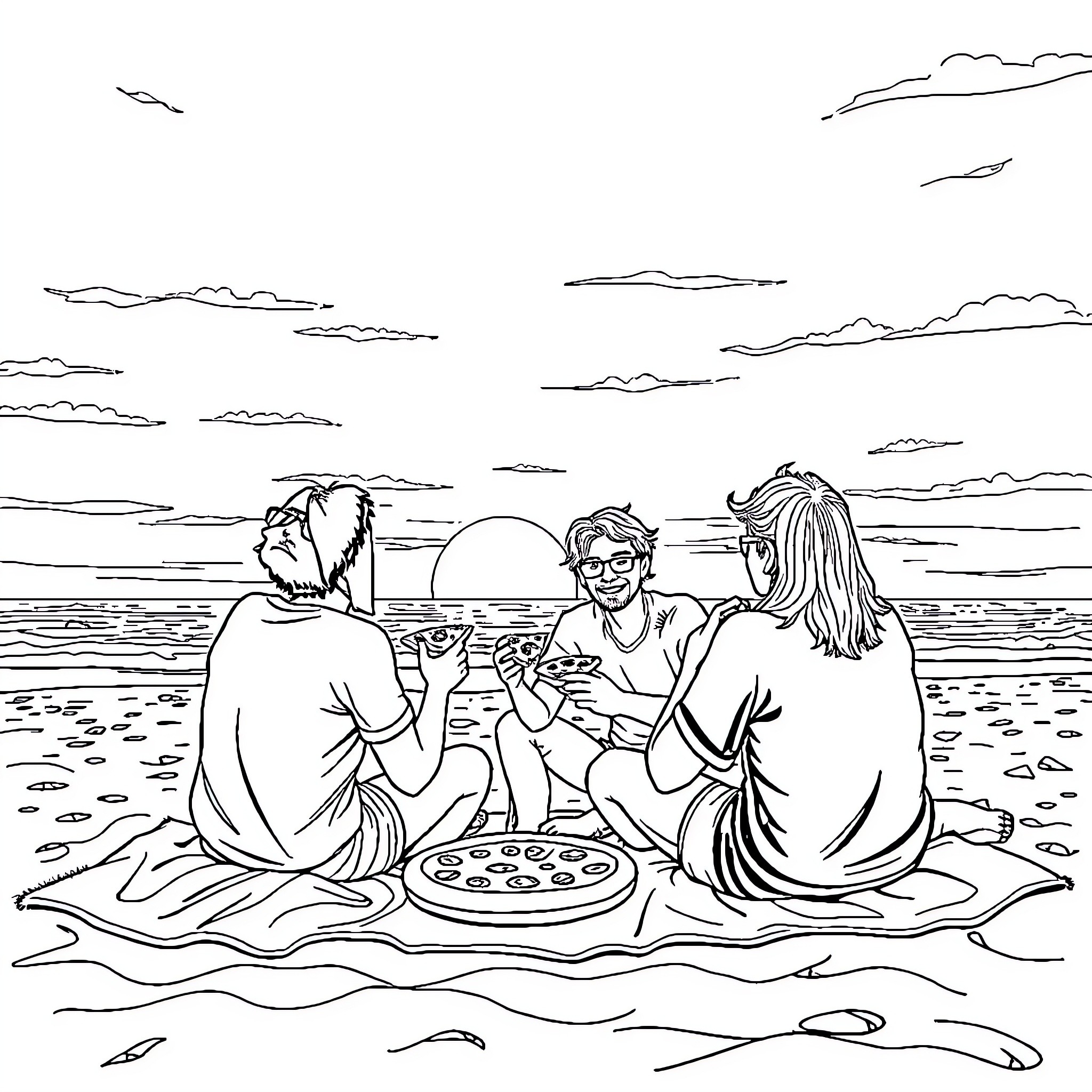 Friends enjoying a picnic on the beach Coloring Page (free black-and-white line drawing printable PDF for all, from beginners to advanced learners, including children, teens, adults, and seniors)