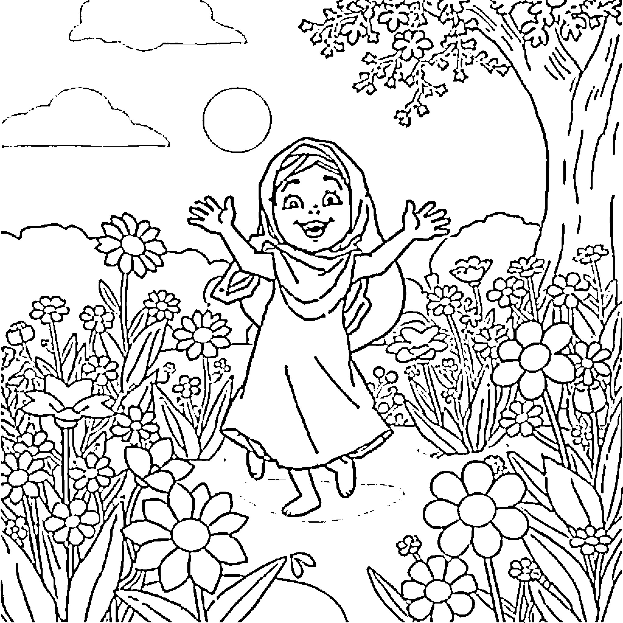 Masha enjoying the flowers in nature Coloring Page (free black-and-white line drawing printable PDF for all, from beginners to advanced learners, including children, teens, adults, and seniors)