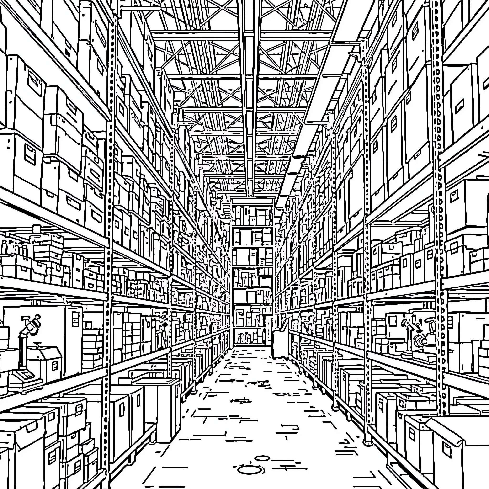 Warehouse filled with stacked boxes and equipment Coloring Page (free black-and-white line drawing printable PDF for all, from beginners to advanced learners, including children, teens, adults, and seniors)