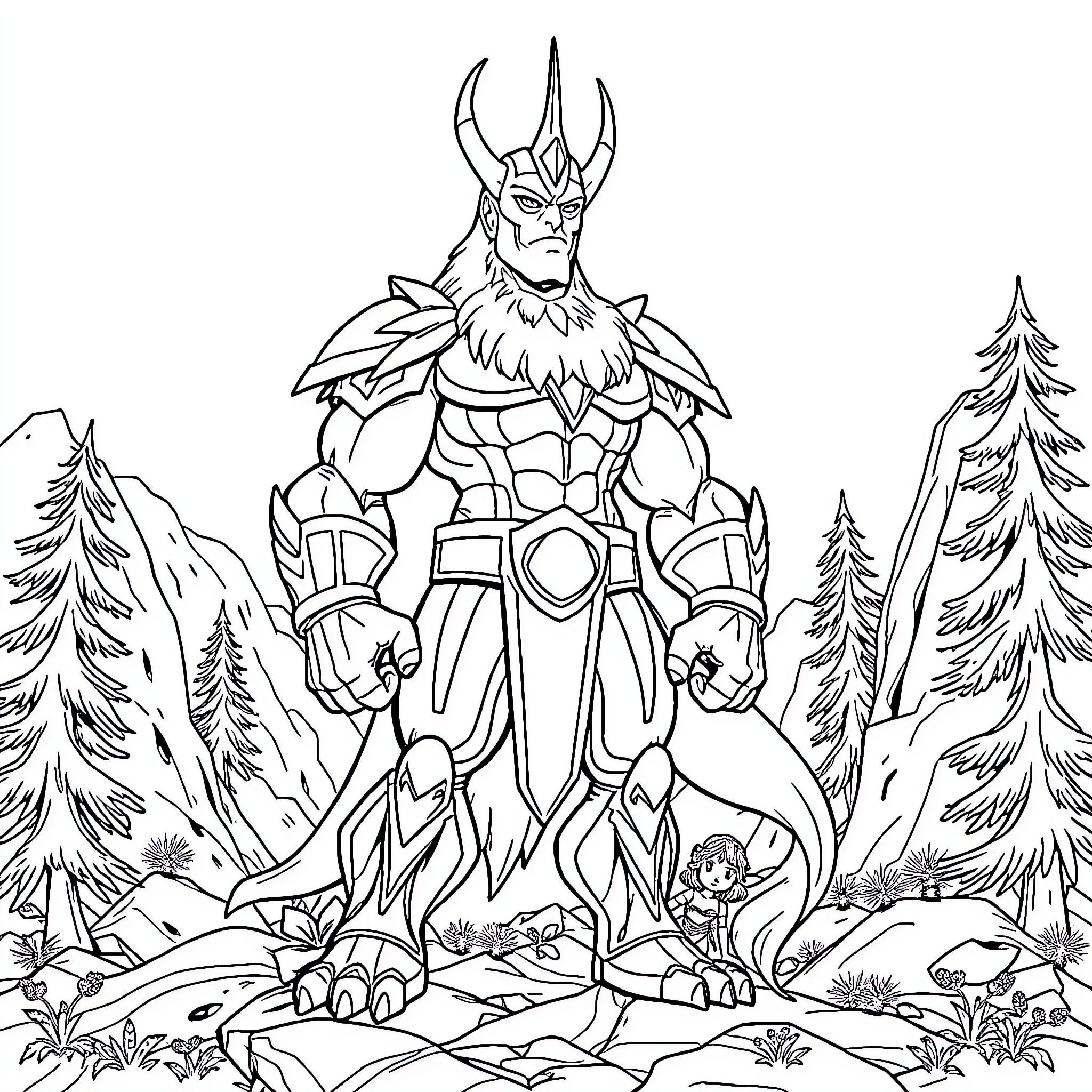 Goldorak in a heroic pose amid snowy forest landscape Coloring Page (free black-and-white line drawing printable PDF for all, from beginners to advanced learners, including children, teens, adults, and seniors)
