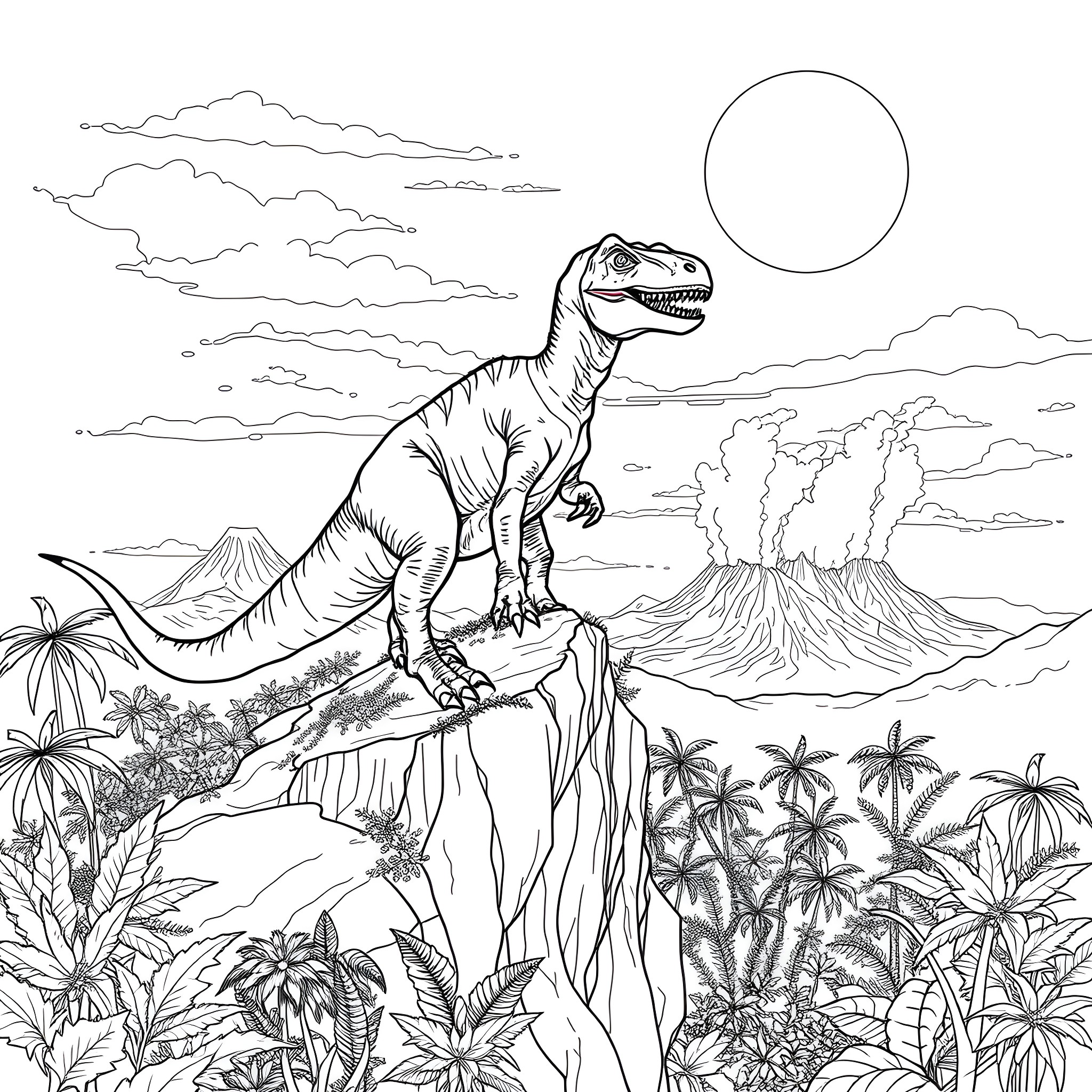 Dinosaur Roaring Atop a Cliff with Erupting Volcanoes Coloring Page (free black-and-white line drawing printable PDF for all, from beginners to advanced learners, including children, teens, adults, and seniors)