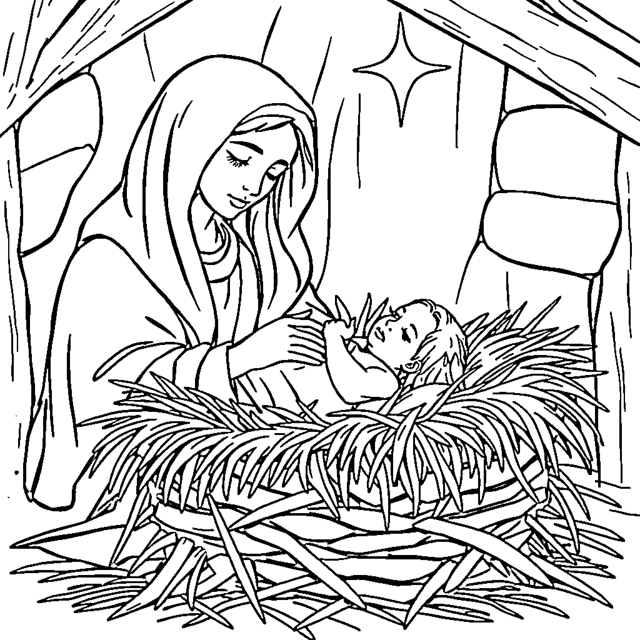 Mary and the Baby in the Manger Coloring Page (free black-and-white line drawing printable PDF for all, from beginners to advanced learners, including children, teens, adults, and seniors)