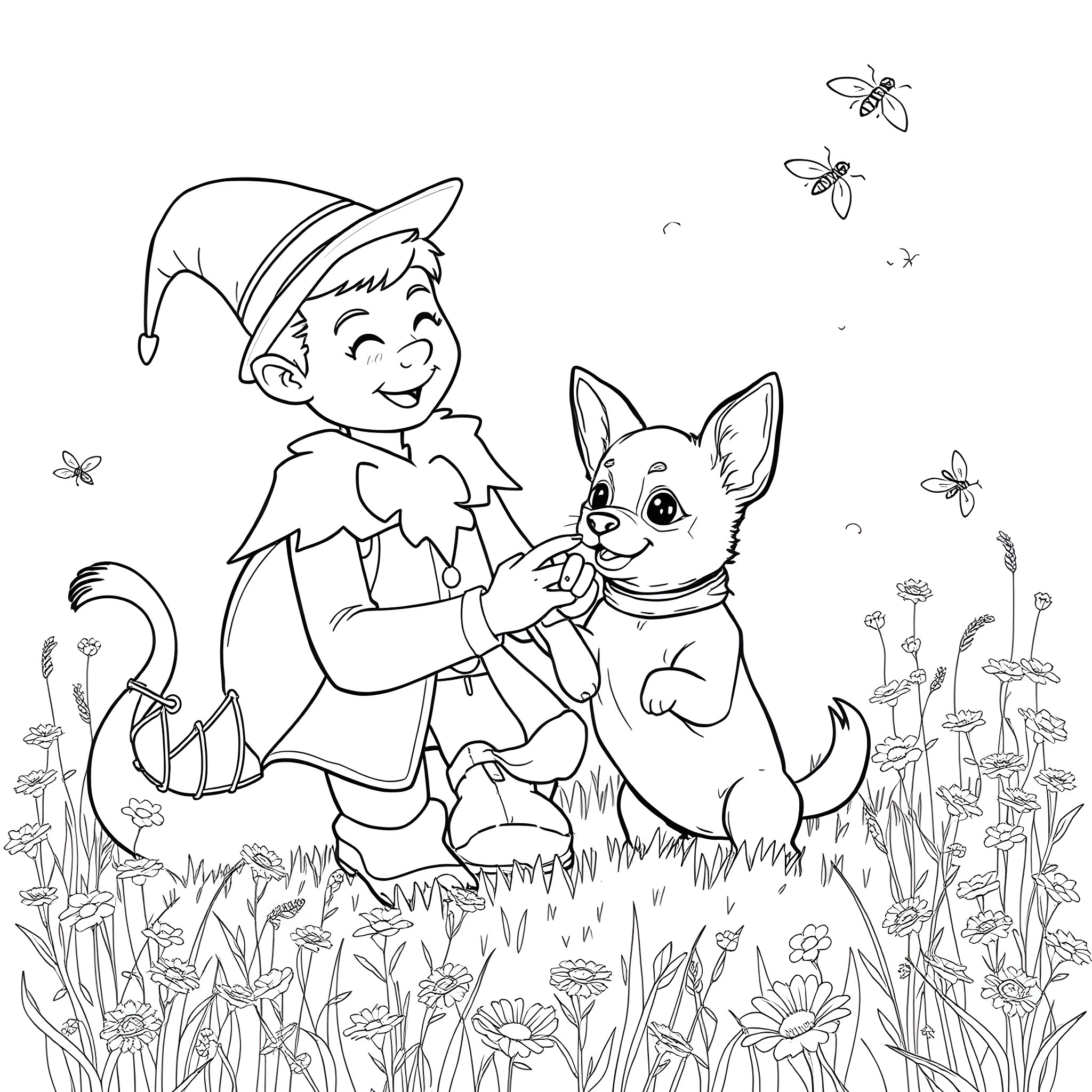 Fiyero interacting playfully with a canine companion in a whimsical forest setting Coloring Page (free black-and-white line drawing printable PDF for all, from beginners to advanced learners, including children, teens, adults, and seniors)