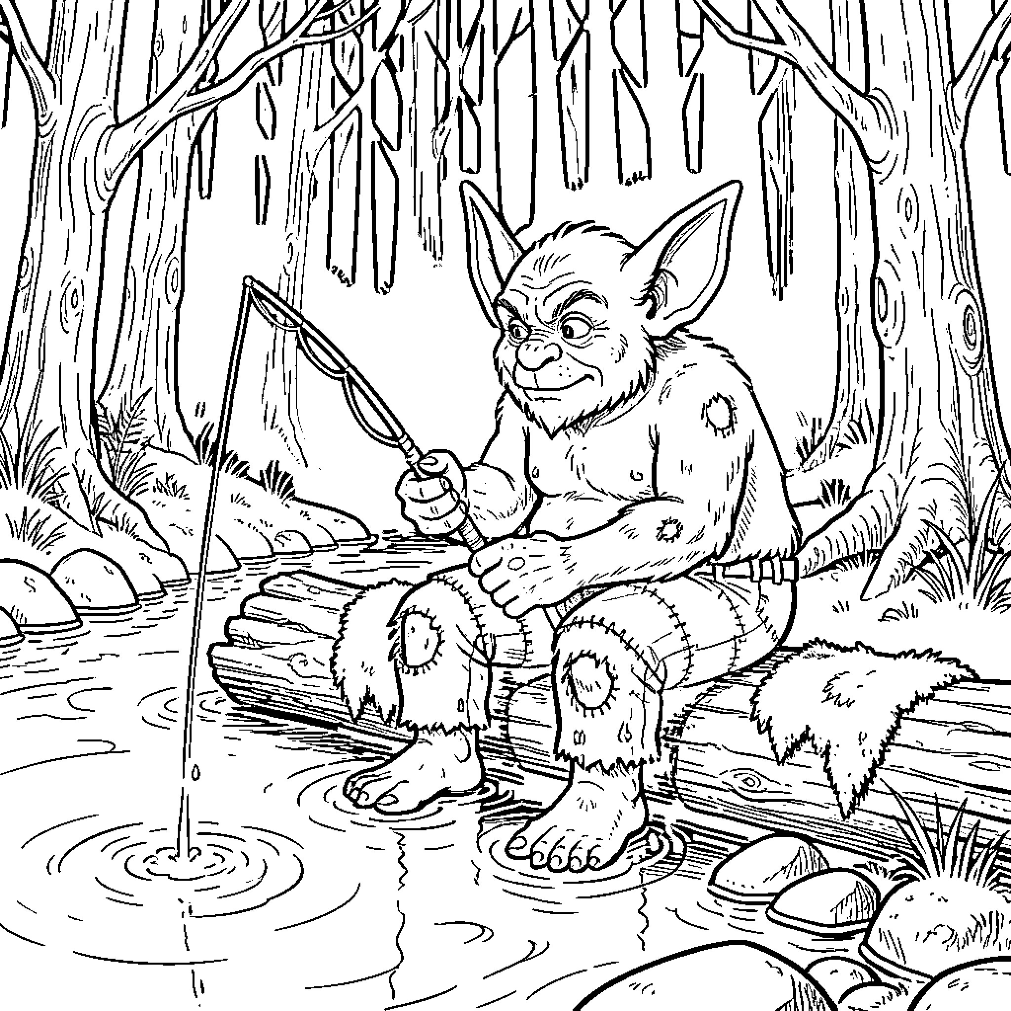 Troll Fishing in a Whimsical Forest Hideaway Coloring Page (free black-and-white line drawing printable PDF for all, from beginners to advanced learners, including children, teens, adults, and seniors)