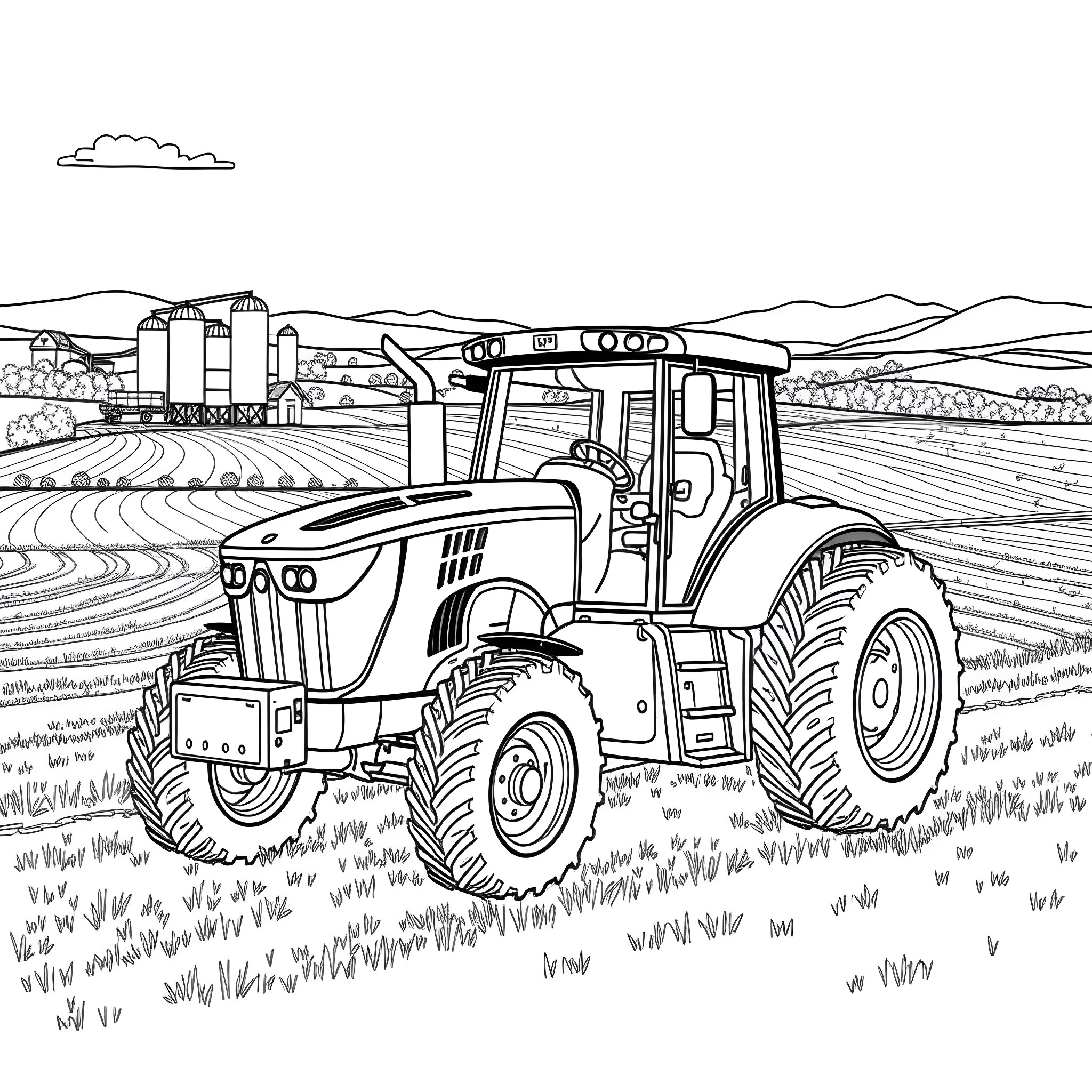 Tractor working in the countryside Coloring Page (free black-and-white line drawing printable PDF for all, from beginners to advanced learners, including children, teens, adults, and seniors)