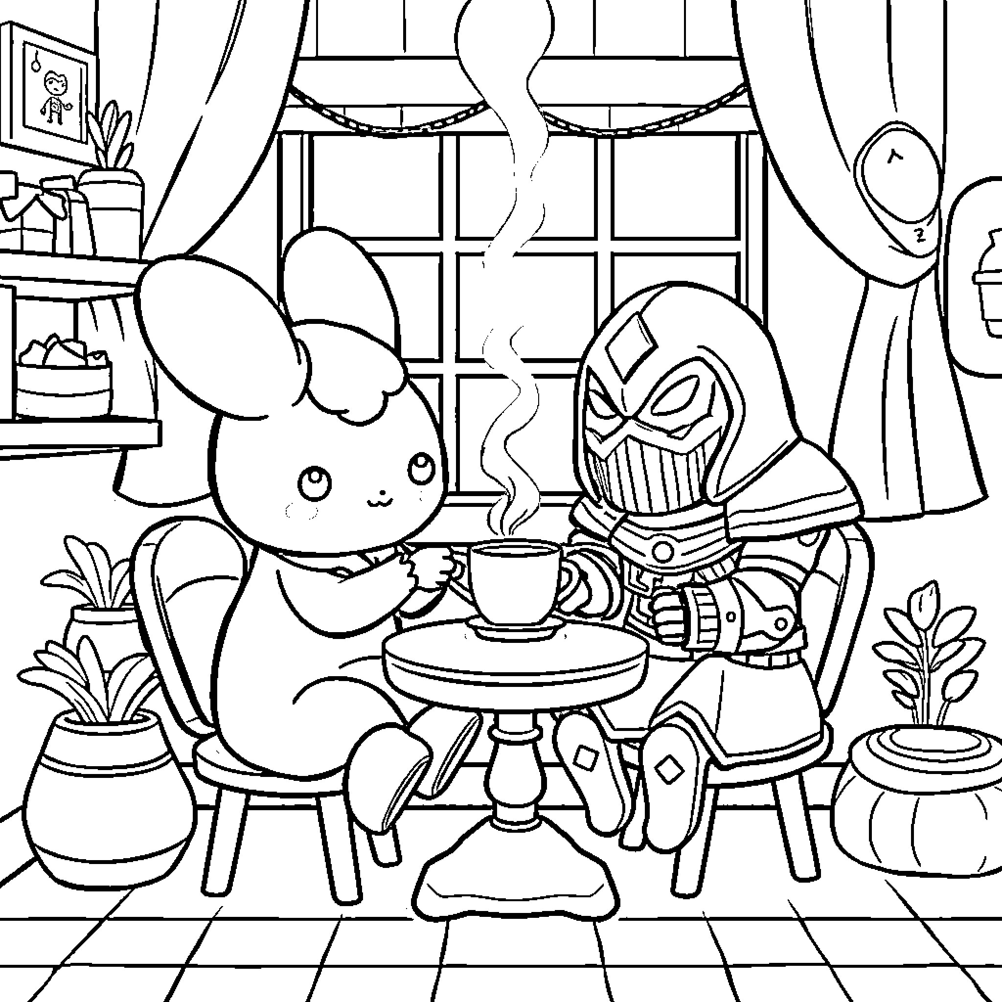 Cinnamonroll and Friendly Robot Enjoying a Cozy Afternoon Coloring Page (free black-and-white line drawing printable PDF for all, from beginners to advanced learners, including children, teens, adults, and seniors)