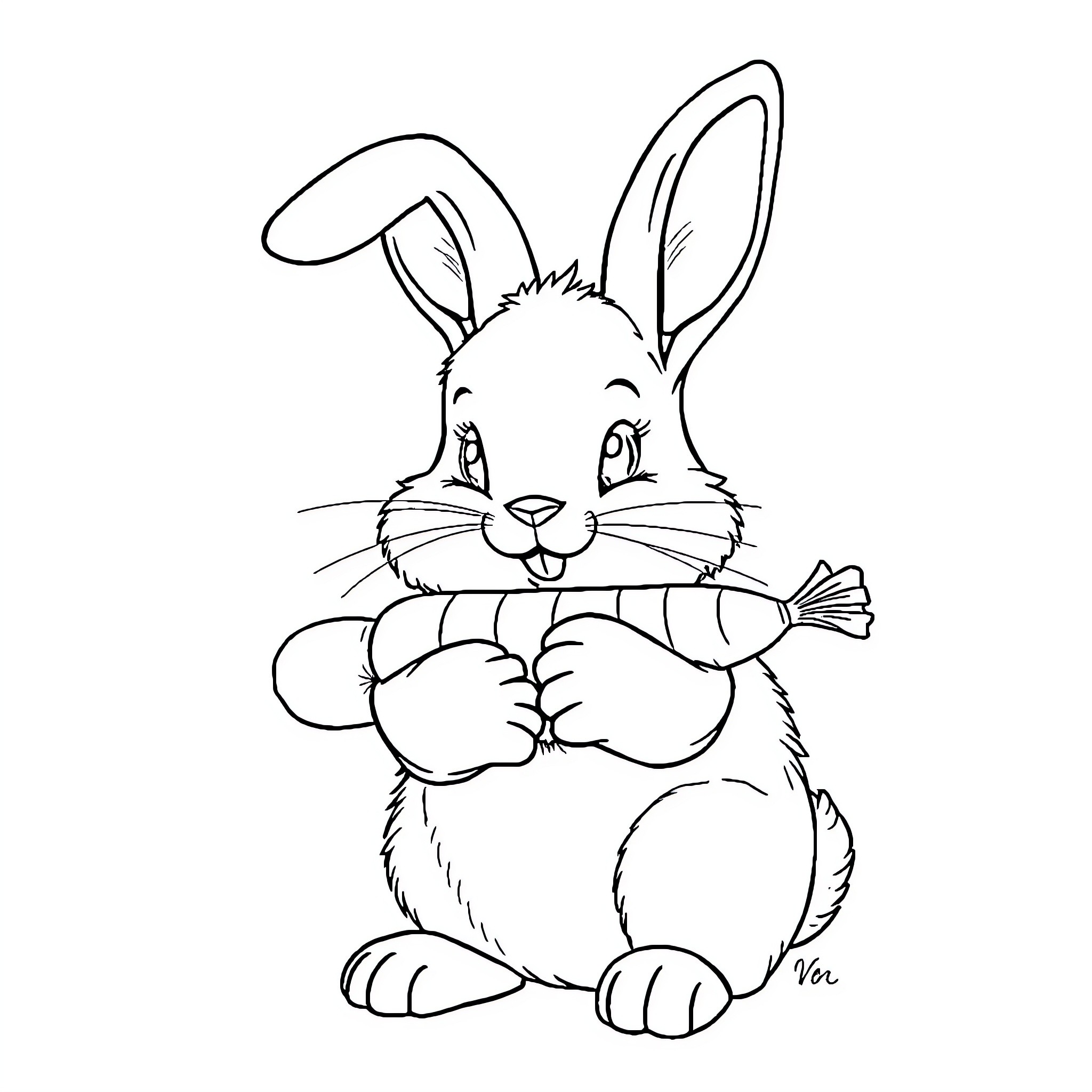 Bunny enjoying a carrot snack Coloring Page (free black-and-white line drawing printable PDF for all, from beginners to advanced learners, including children, teens, adults, and seniors)