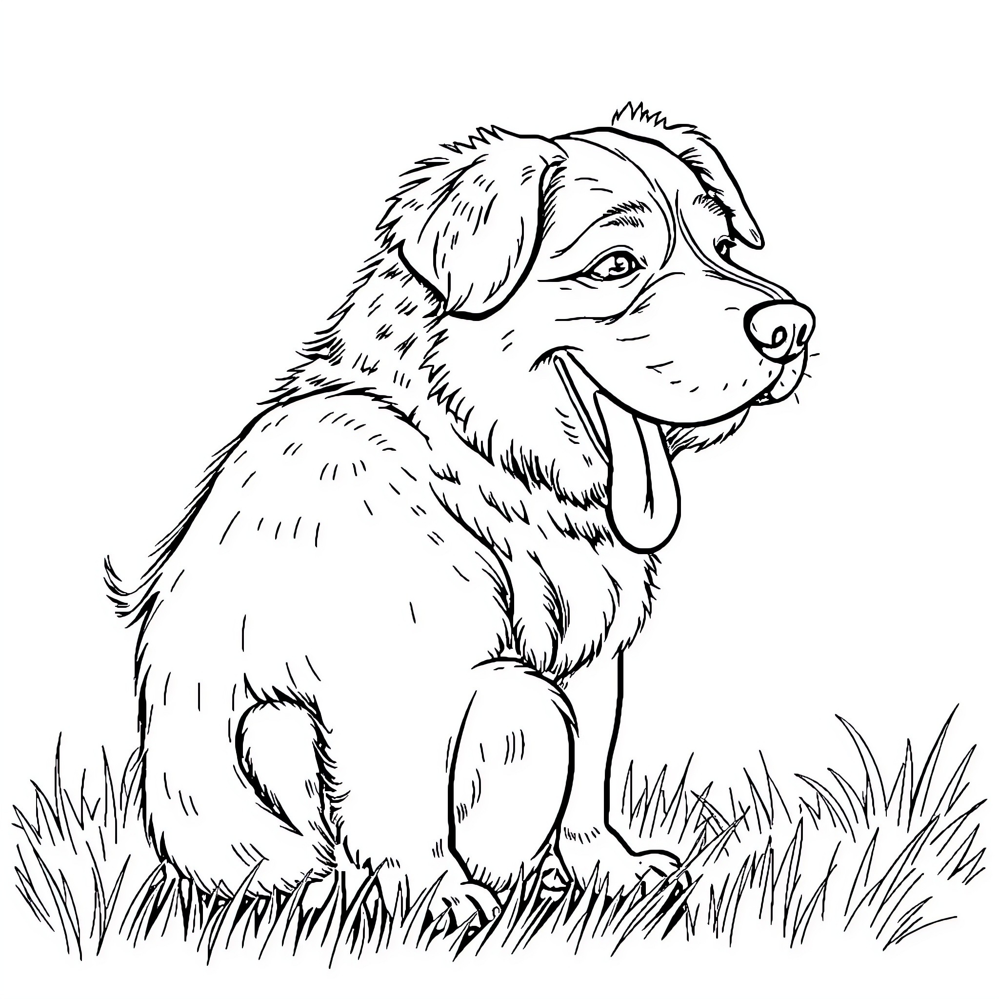 Dog sitting happily in the grass Coloring Page (free black-and-white line drawing printable PDF for all, from beginners to advanced learners, including children, teens, adults, and seniors)