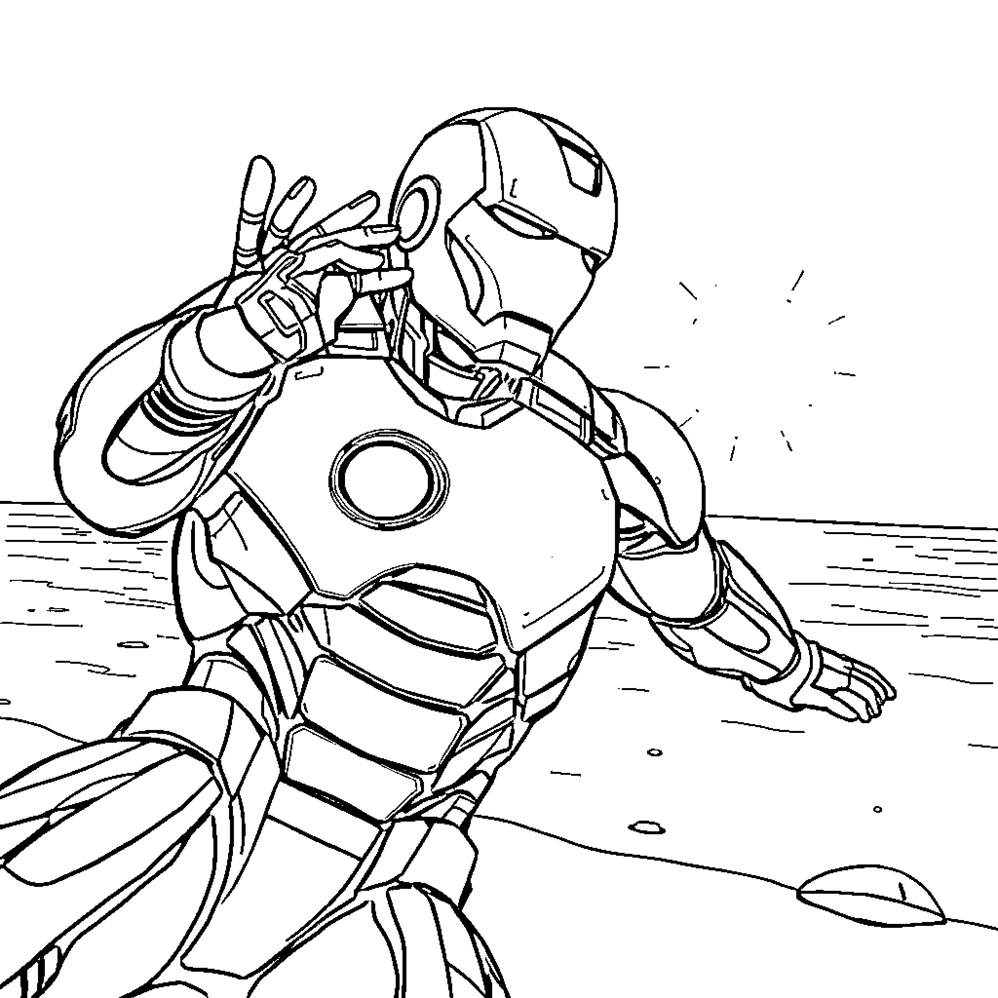 Ironman in action-packed scene Coloring Page (free black-and-white line drawing printable PDF for all, from beginners to advanced learners, including children, teens, adults, and seniors)