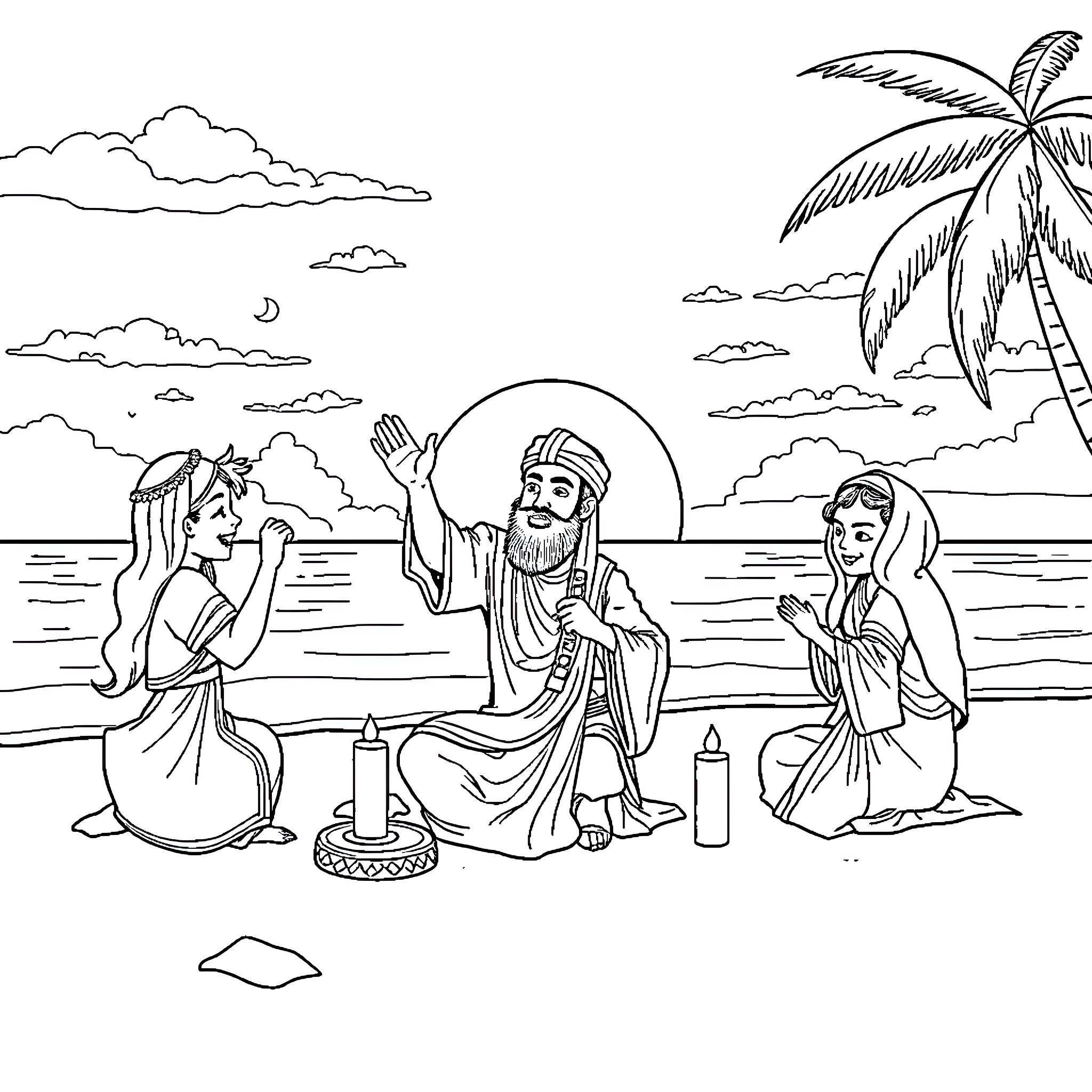 Beach scene with traditional figures Coloring Page (free black-and-white line drawing printable PDF for all, from beginners to advanced learners, including children, teens, adults, and seniors)