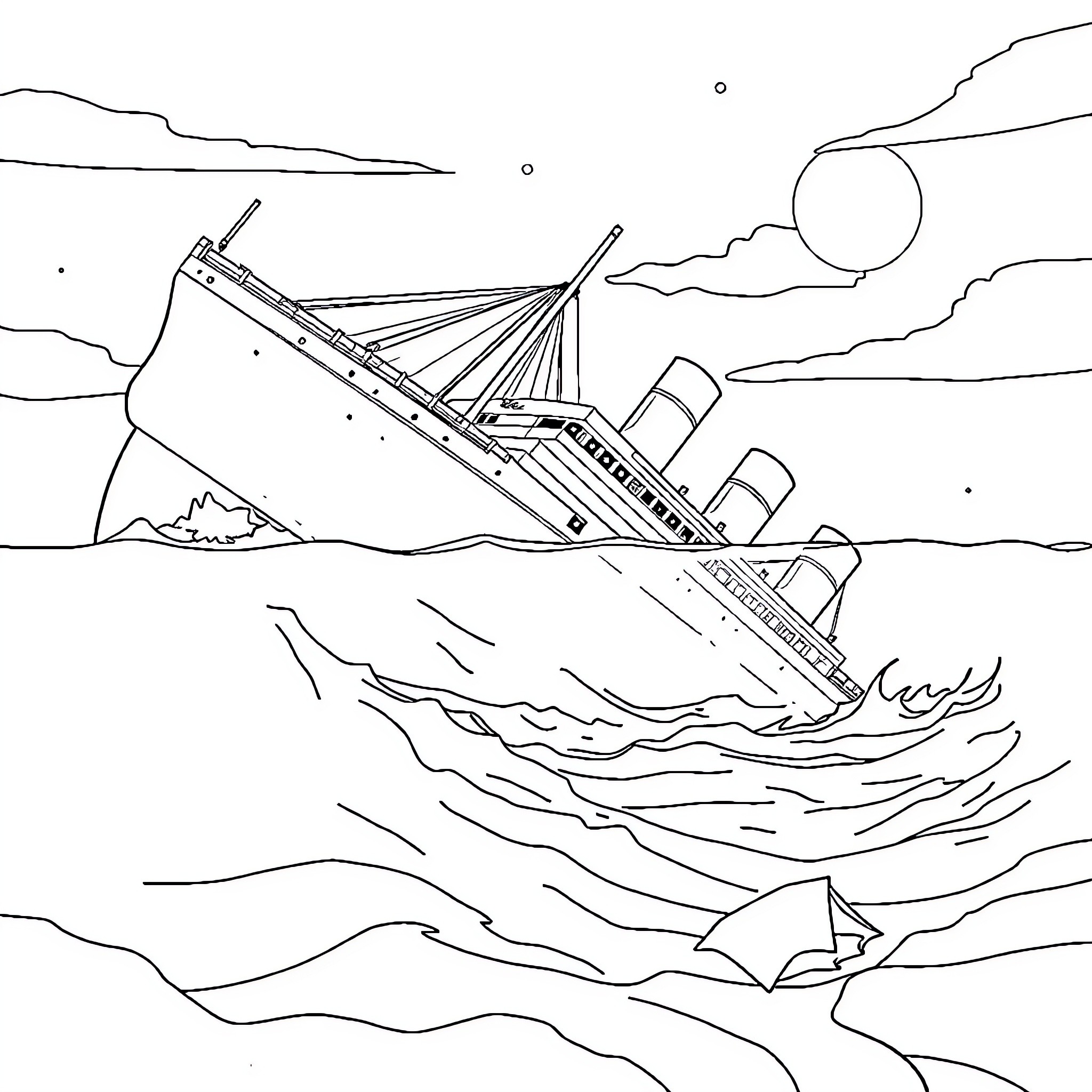 Titanic ship sinking in the ocean Coloring Page (free black-and-white line drawing printable PDF for all, from beginners to advanced learners, including children, teens, adults, and seniors)