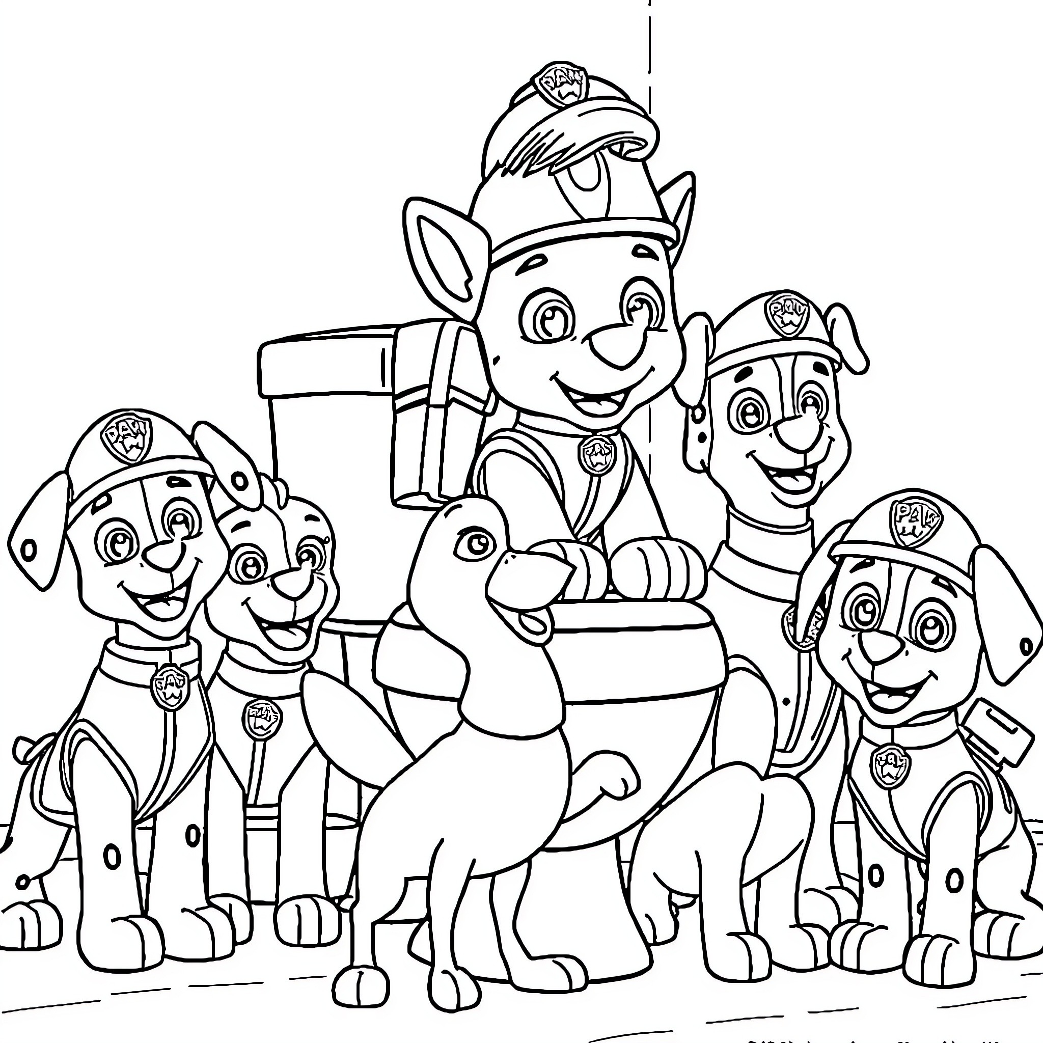 Paw Patrol team in action poses Coloring Page (free black-and-white line drawing printable PDF for all, from beginners to advanced learners, including children, teens, adults, and seniors)