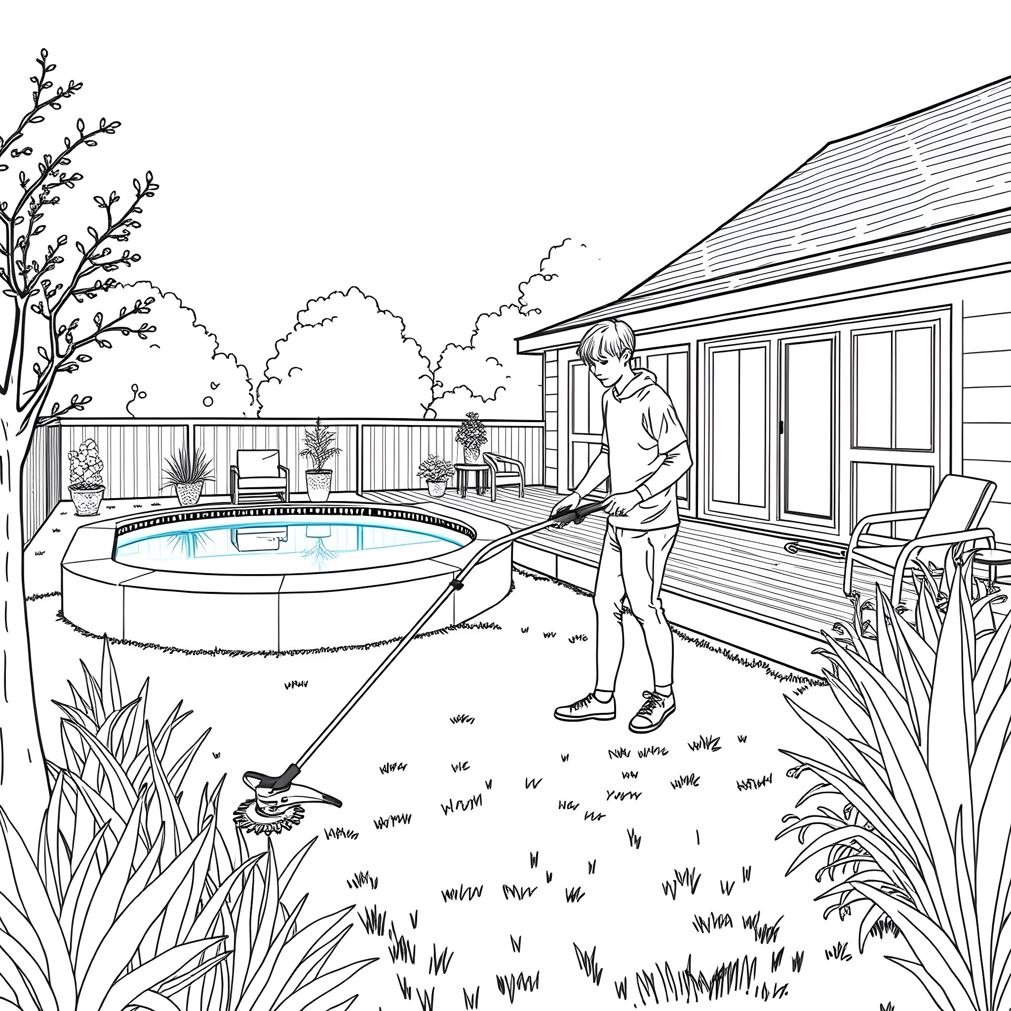 Teen Guy Relaxing by the Pool in Backyard Coloring Page (free black-and-white line drawing printable PDF for all, from beginners to advanced learners, including children, teens, adults, and seniors)