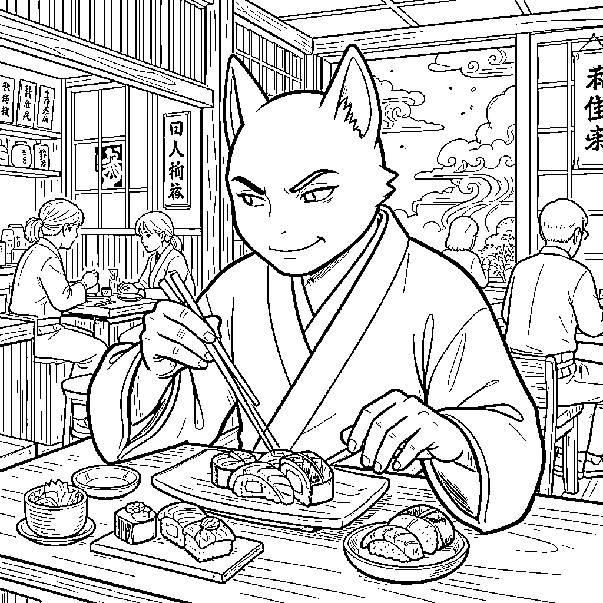 Noctali anthropomorphic cat character eating sushi in a restaurant Coloring Page (free black-and-white line drawing printable PDF for all, from beginners to advanced learners, including children, teens, adults, and seniors)