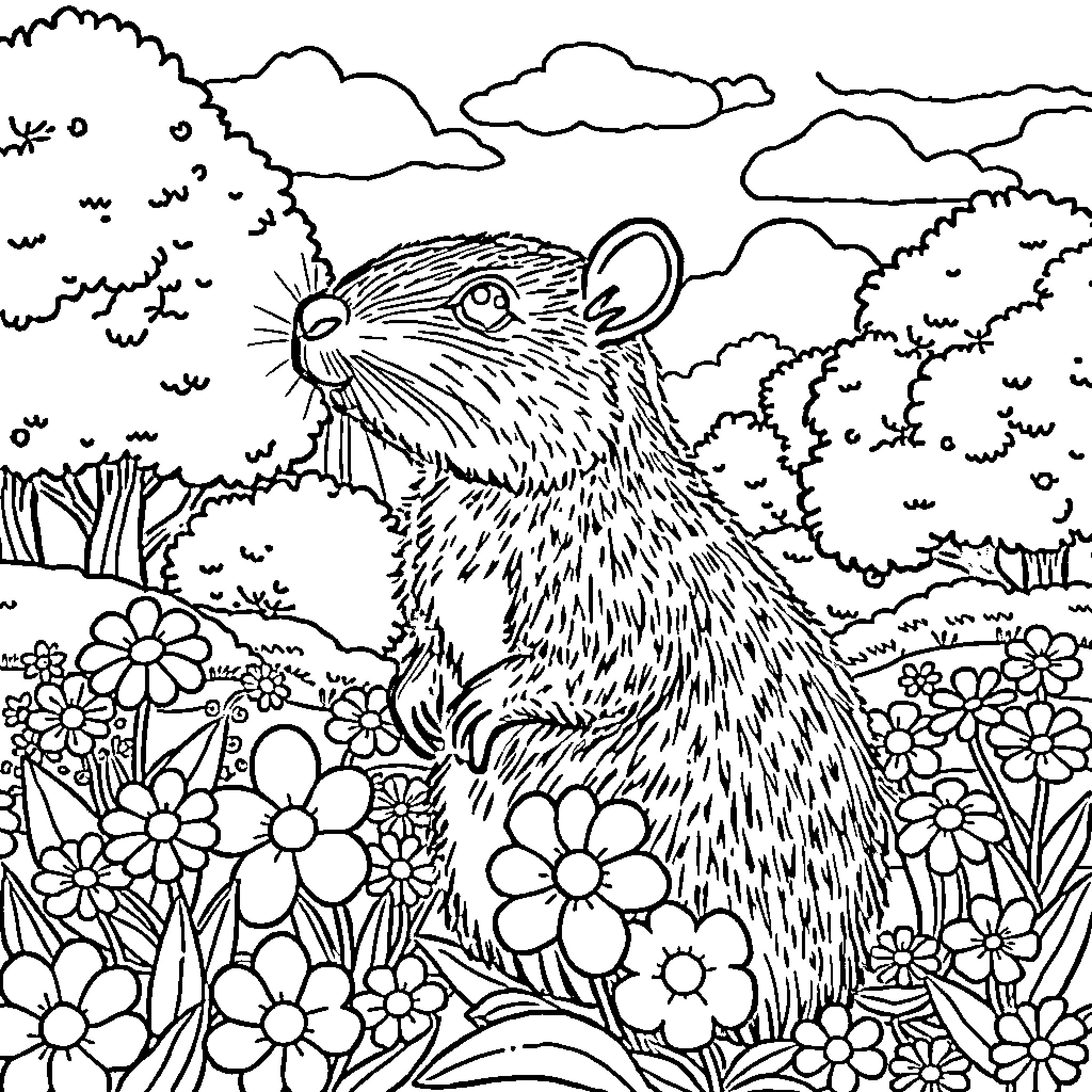 Capybara enjoying the flower garden Coloring Page (free black-and-white line drawing printable PDF for all, from beginners to advanced learners, including children, teens, adults, and seniors)