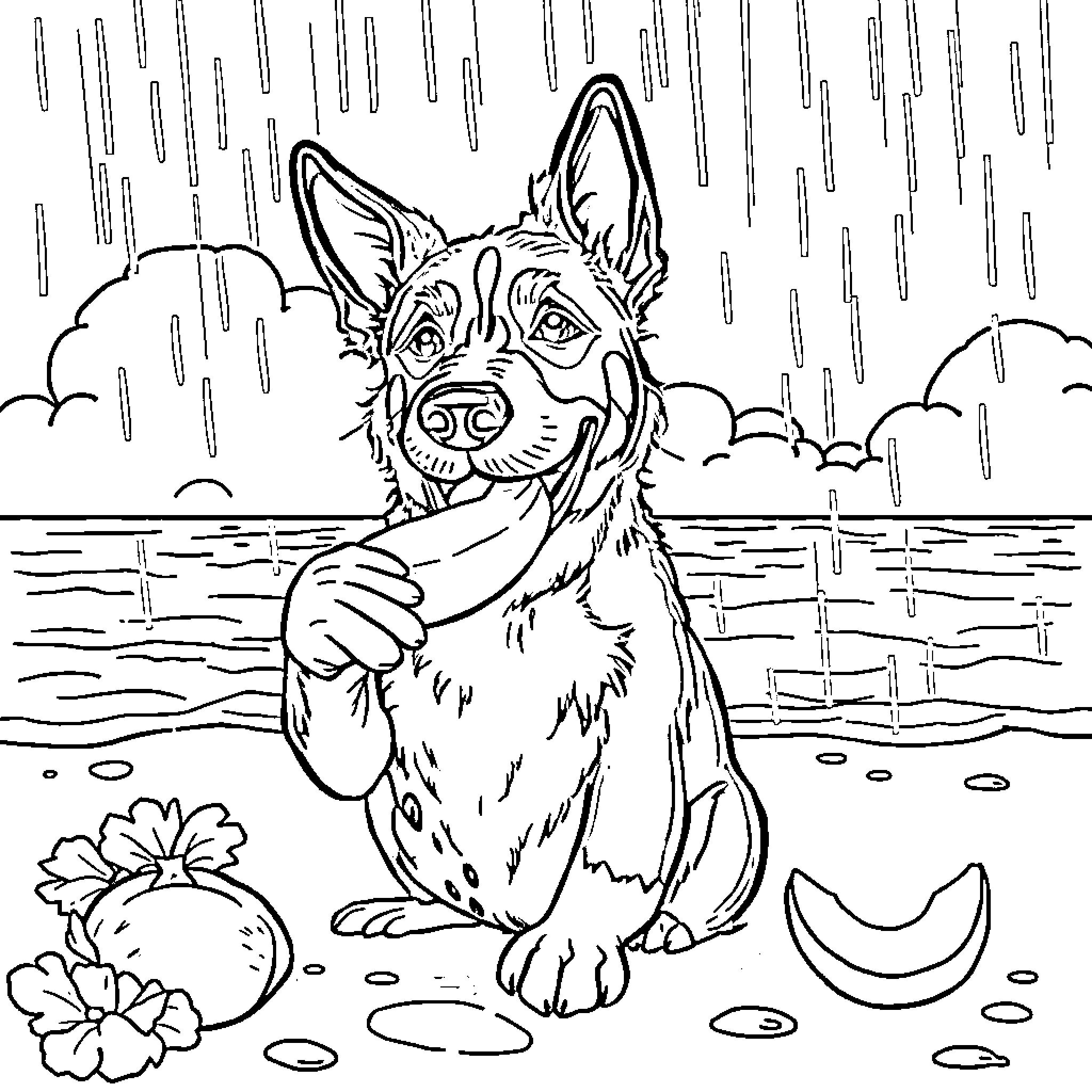 Perro enjoying the rainy day Coloring Page (free black-and-white line drawing printable PDF for all, from beginners to advanced learners, including children, teens, adults, and seniors)