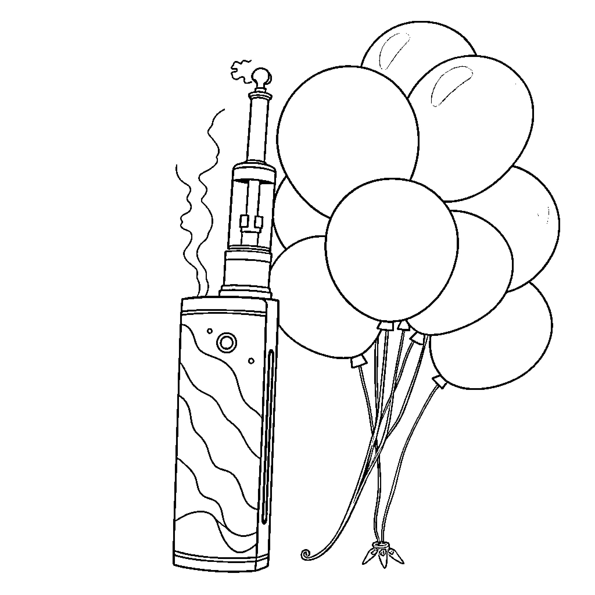Vape with Balloons and Smoke Coloring Page (free black-and-white line drawing printable PDF for all, from beginners to advanced learners, including children, teens, adults, and seniors)