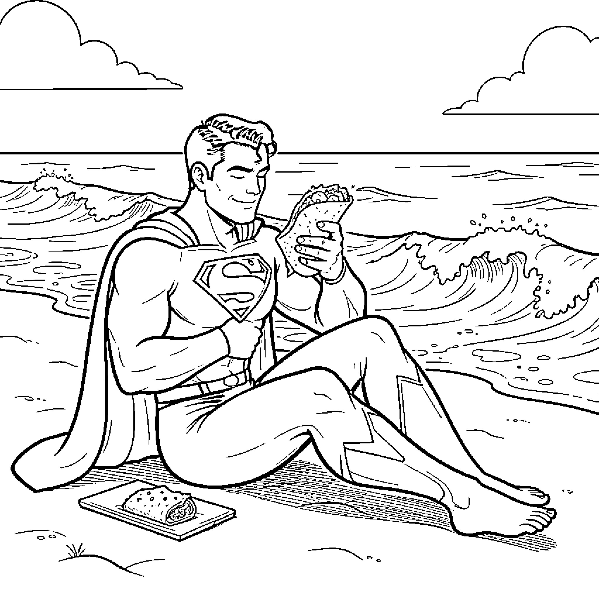 Superman sitting on the beach eating a snack Coloring Page (free black-and-white line drawing printable PDF for all, from beginners to advanced learners, including children, teens, adults, and seniors)