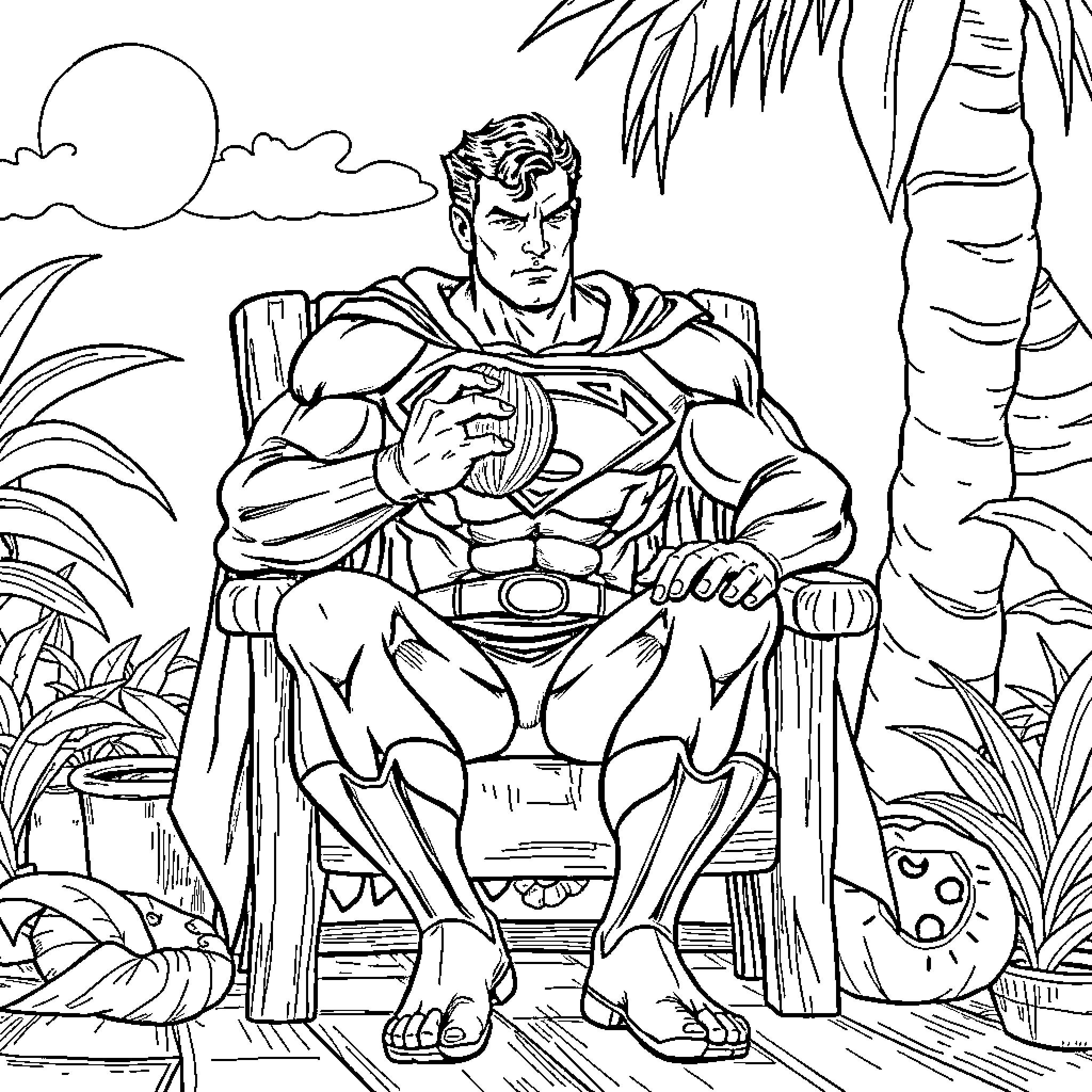 Superman resting on a chair in a tropical setting Coloring Page (free black-and-white line drawing printable PDF for all, from beginners to advanced learners, including children, teens, adults, and seniors)