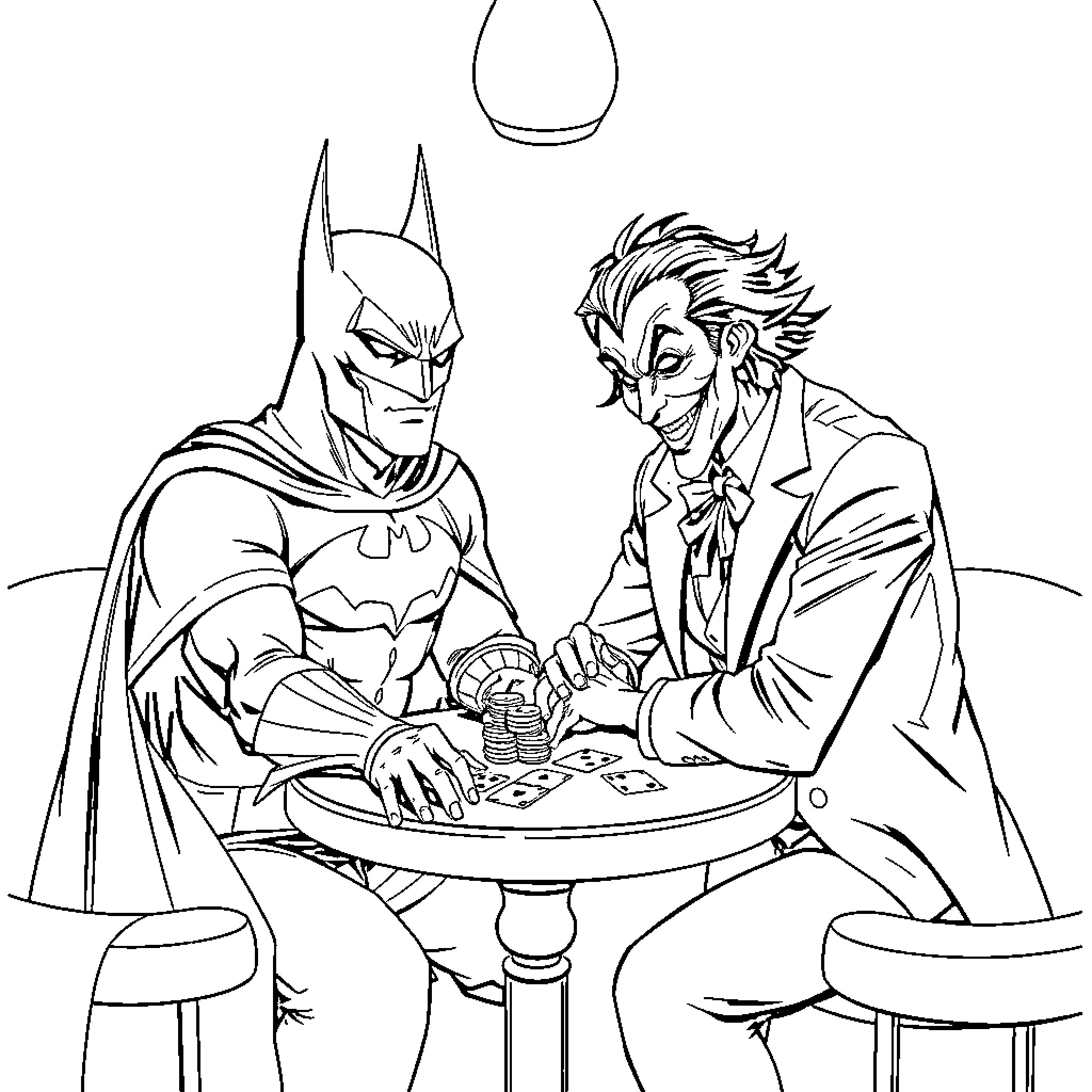 Batman and the Joker Playing Cards Coloring Page (free black-and-white line drawing printable PDF for all, from beginners to advanced learners, including children, teens, adults, and seniors)