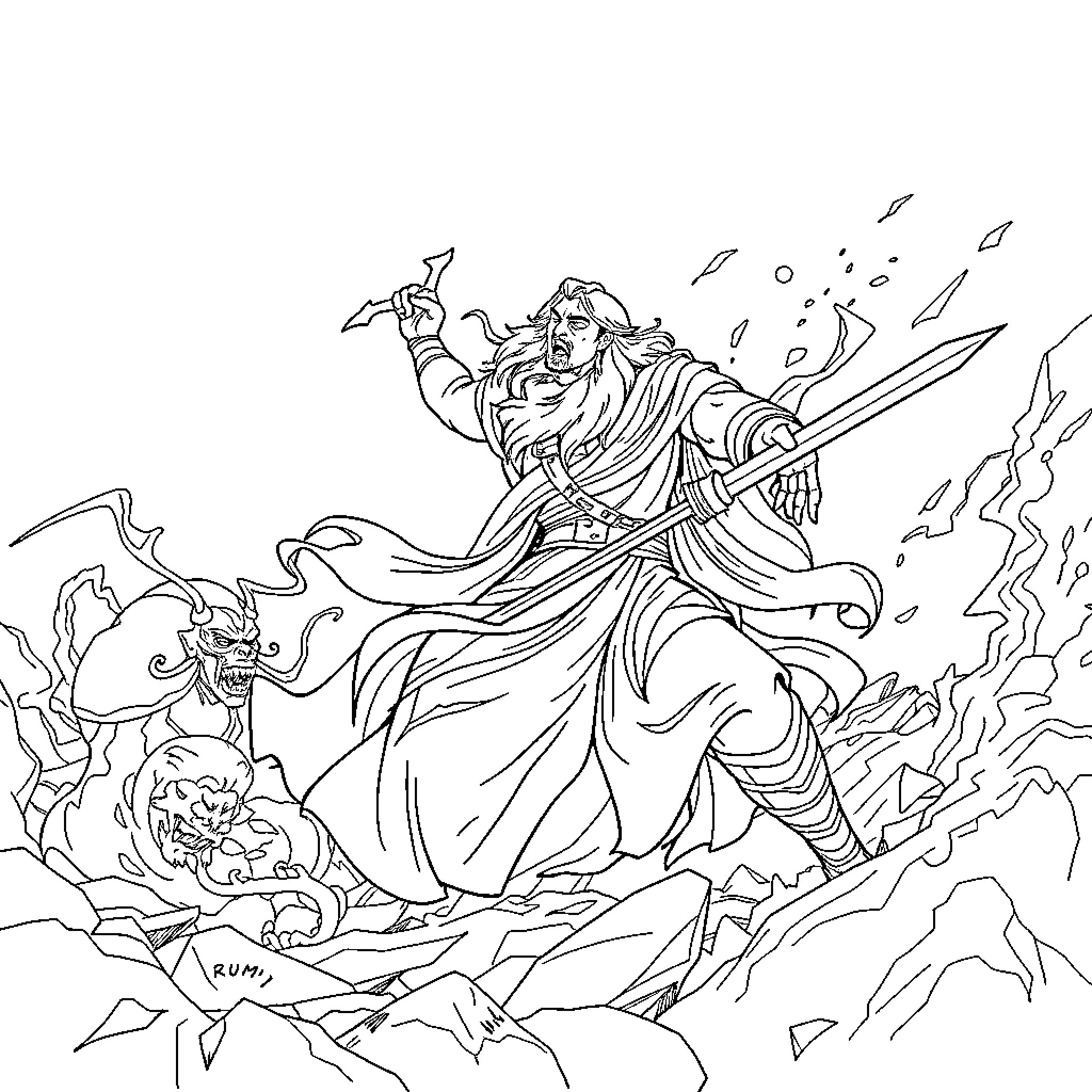 Rumi's Fierce Battle with Mythical Creatures Coloring Page (free black-and-white line drawing printable PDF for all, from beginners to advanced learners, including children, teens, adults, and seniors)