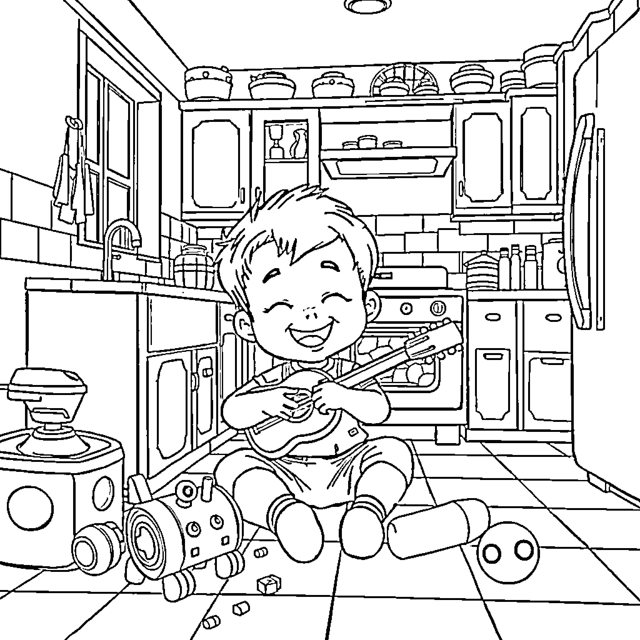 Gaby Plays with Toys in the Kitchen Coloring Page (free black-and-white line drawing printable PDF for all, from beginners to advanced learners, including children, teens, adults, and seniors)