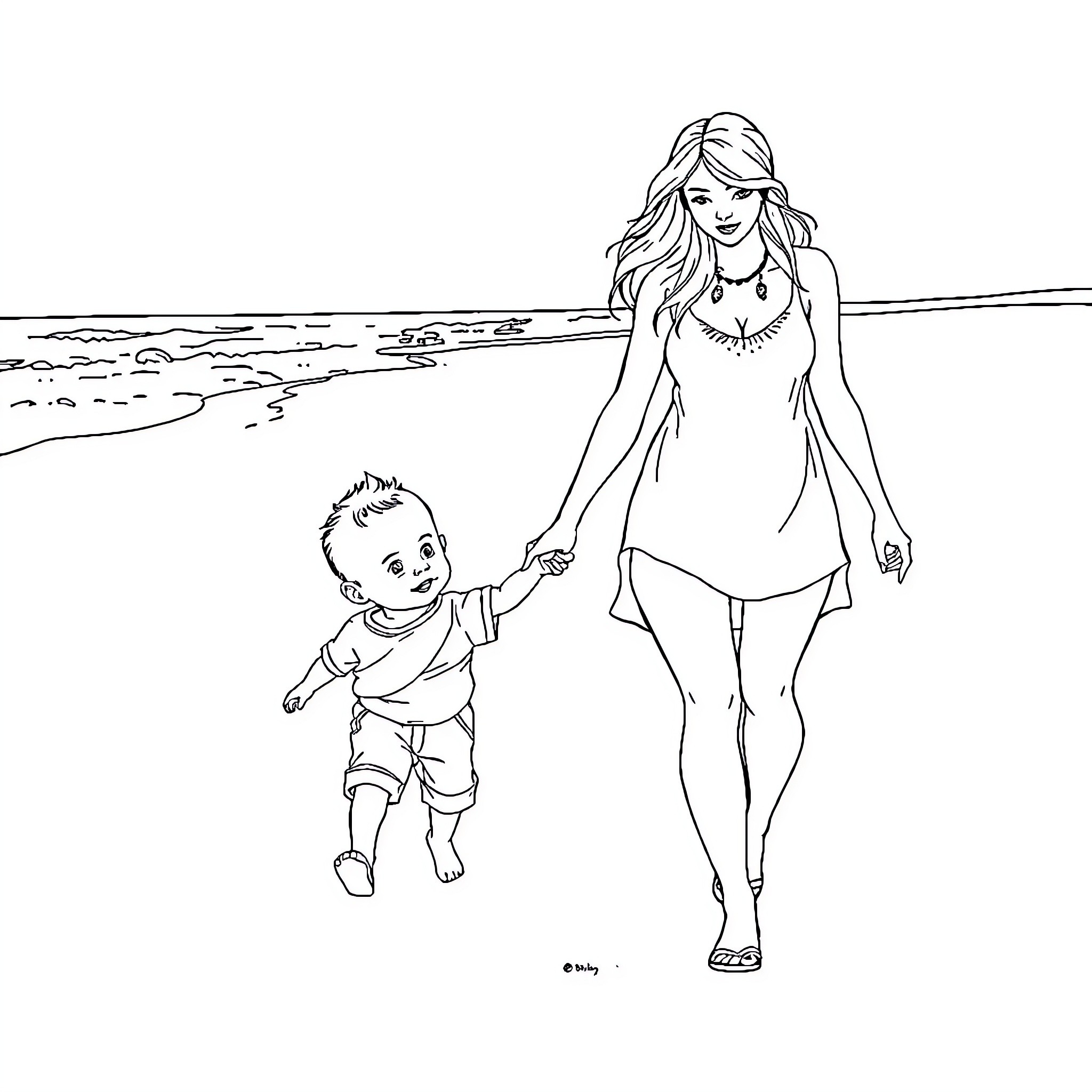 Baby and Mother Strolling on the Beach Coloring Page (free black-and-white line drawing printable PDF for all, from beginners to advanced learners, including children, teens, adults, and seniors)