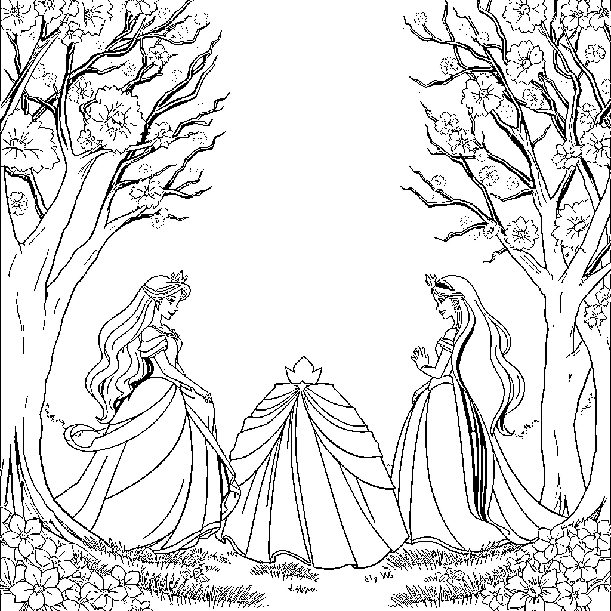 Disney Princesses Enjoying a Floral Wonderland Coloring Page (free black-and-white line drawing printable PDF for all, from beginners to advanced learners, including children, teens, adults, and seniors)
