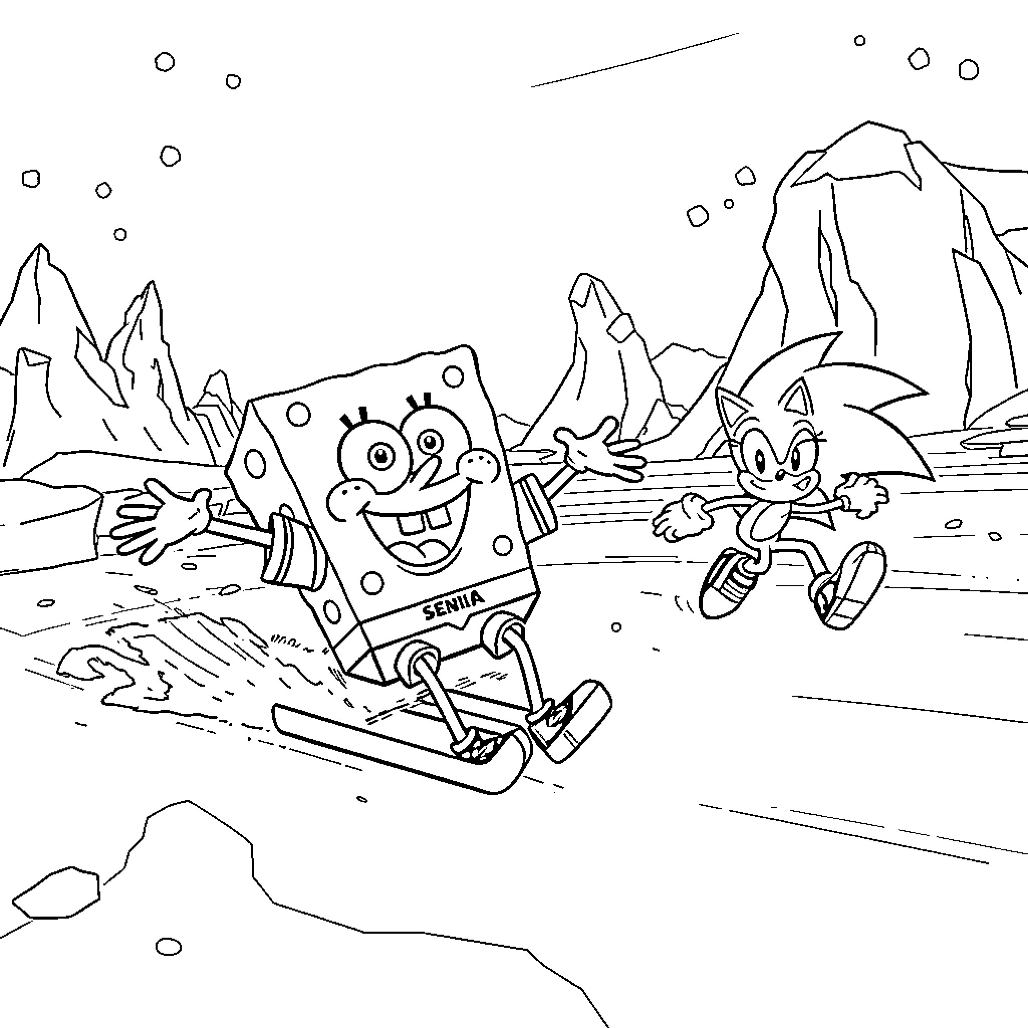Spongebob and Sonic's Snowy Adventure Coloring Page (free black-and-white line drawing printable PDF for all, from beginners to advanced learners, including children, teens, adults, and seniors)
