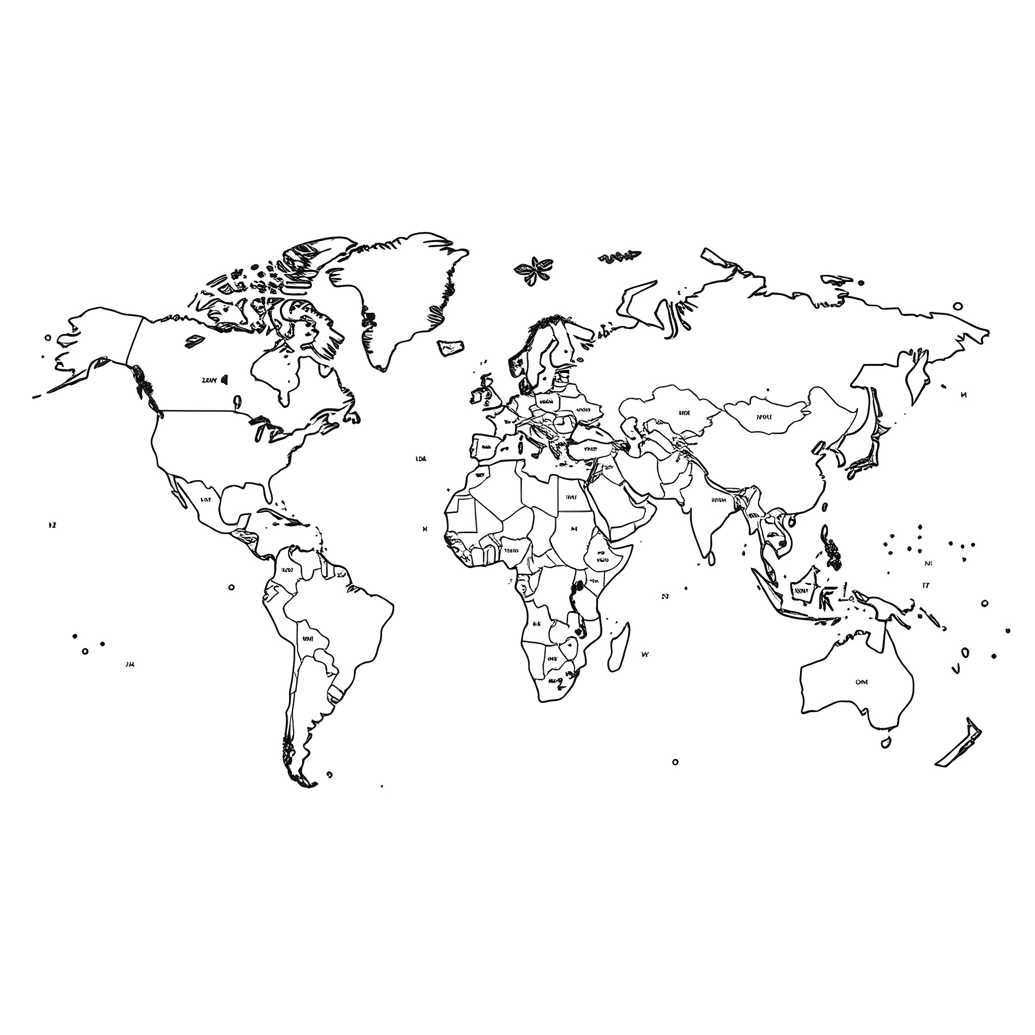 World Map with Intricate Country Borders Coloring Page (free black-and-white line drawing printable PDF for all, from beginners to advanced learners, including children, teens, adults, and seniors)