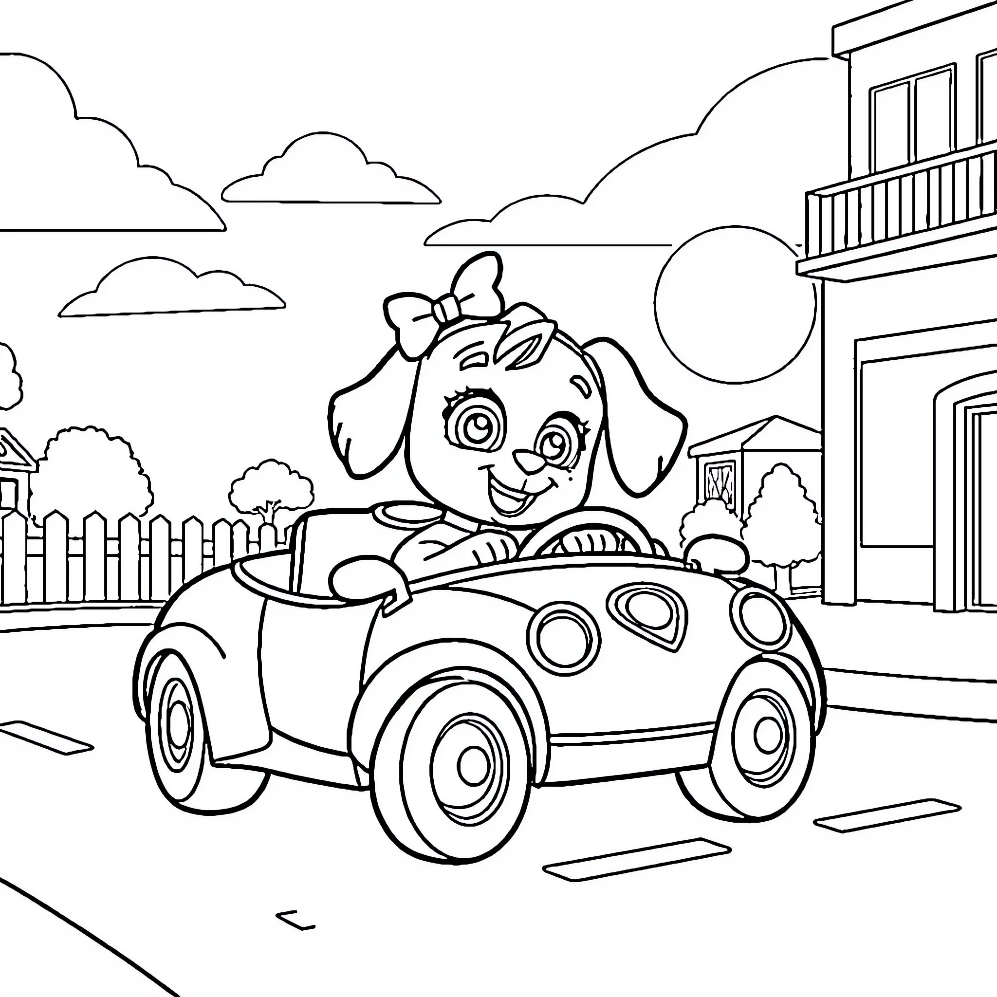 Stella's joyful ride in her whimsical car Coloring Page (free black-and-white line drawing printable PDF for all, from beginners to advanced learners, including children, teens, adults, and seniors)