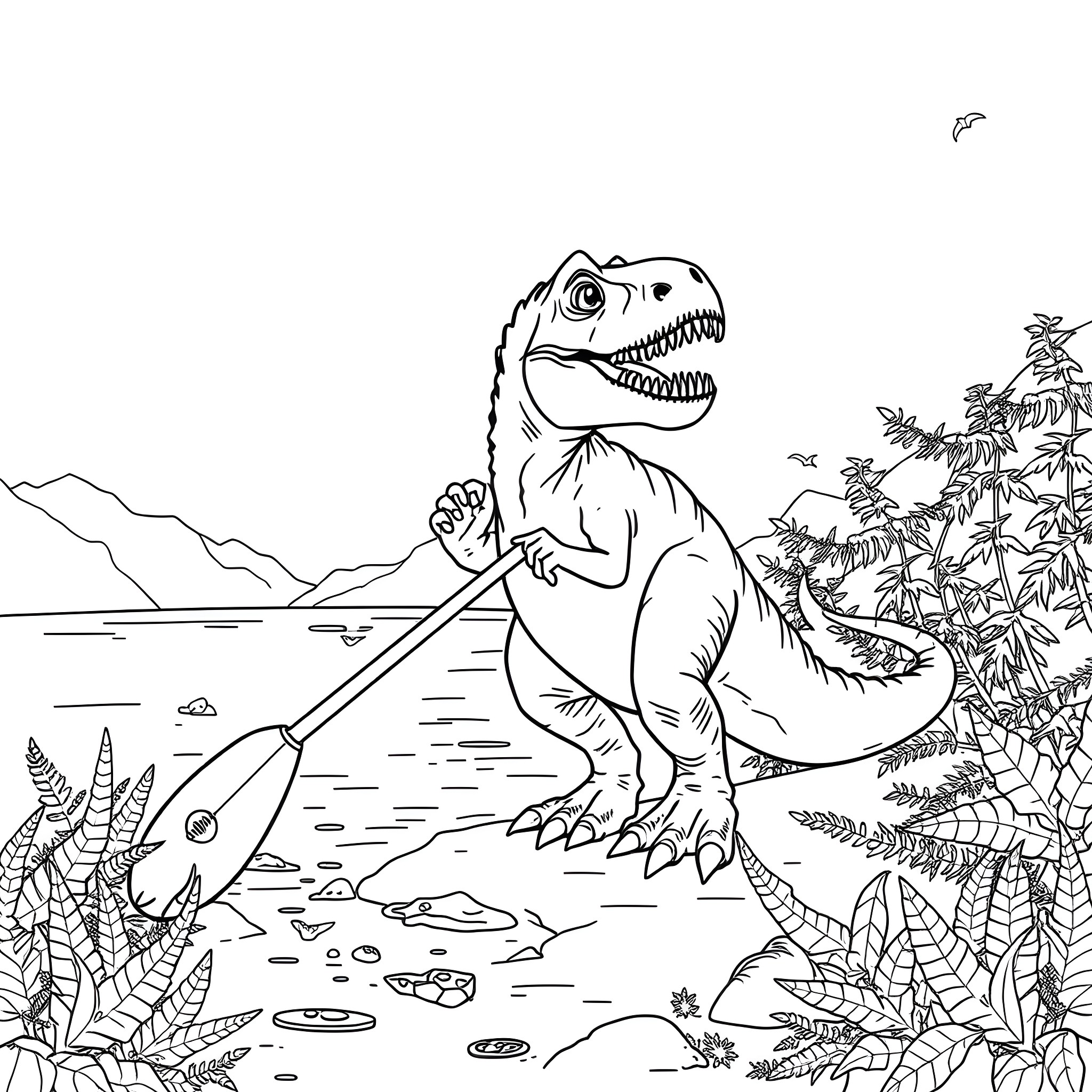 T-Rex exploring the prehistoric landscape Coloring Page (free black-and-white line drawing printable PDF for all, from beginners to advanced learners, including children, teens, adults, and seniors)