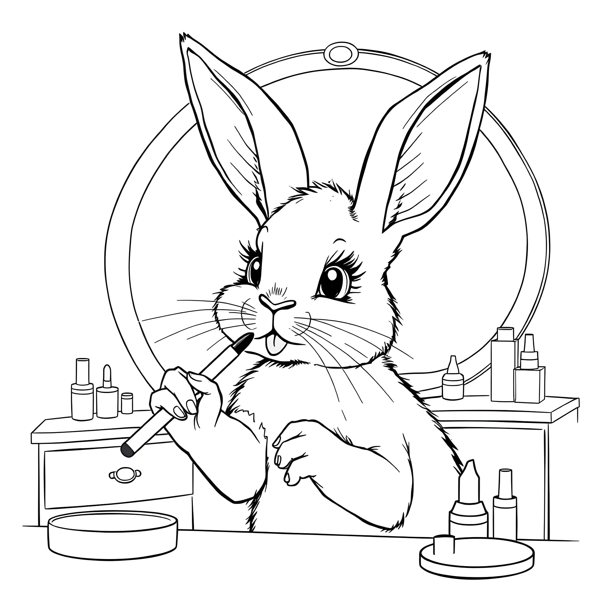 Rabbit applying makeup at vanity mirror Coloring Page (free black-and-white line drawing printable PDF for all, from beginners to advanced learners, including children, teens, adults, and seniors)
