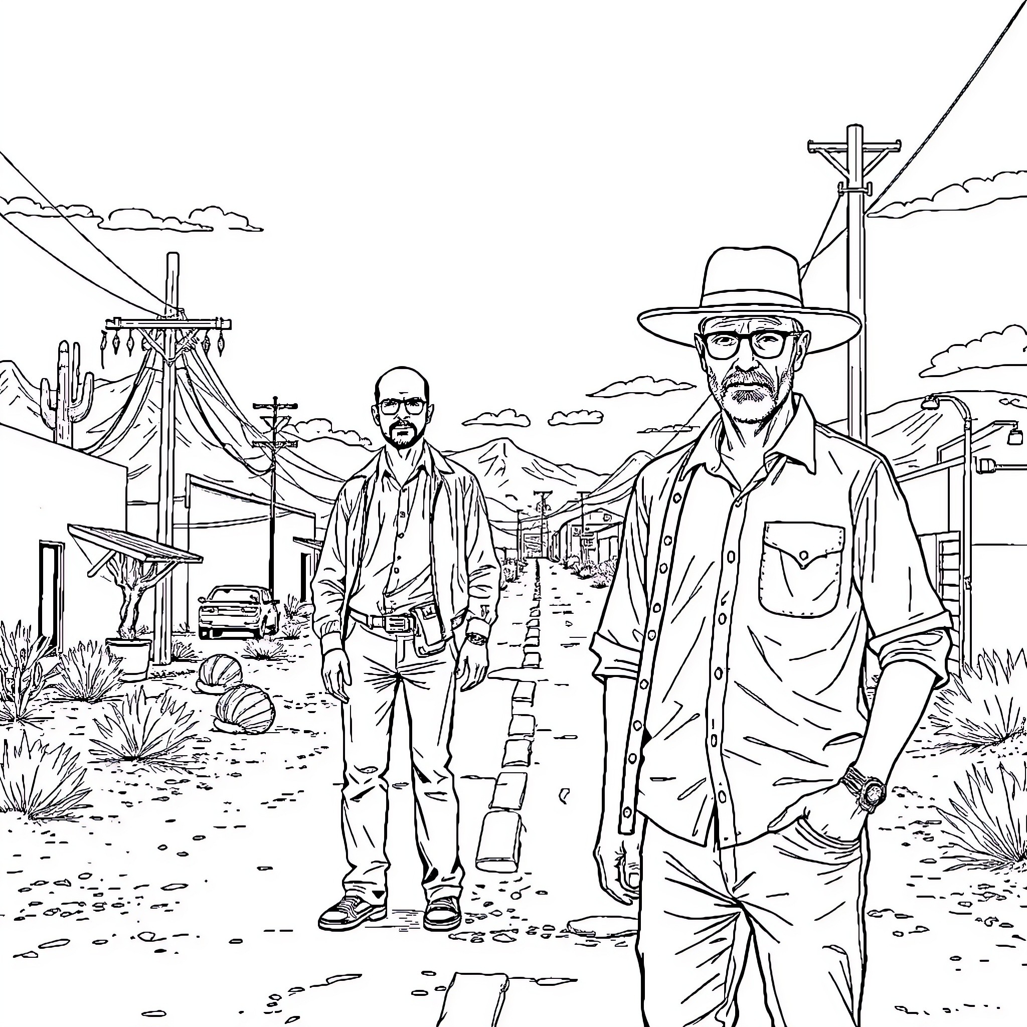 Walter White and Associates in the Desert Landscape Coloring Page (free black-and-white line drawing printable PDF for all, from beginners to advanced learners, including children, teens, adults, and seniors)