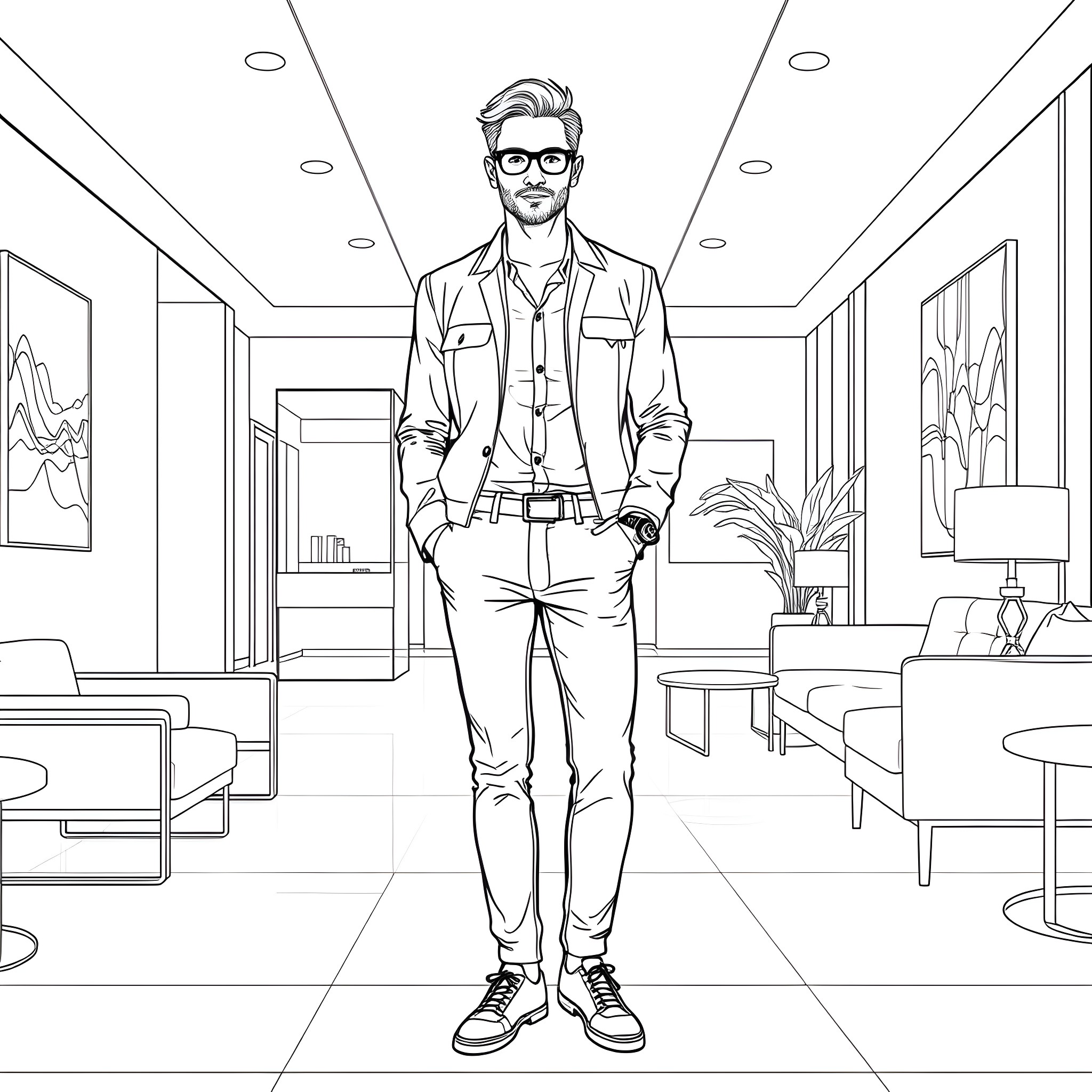 Man standing confidently in elegant office setting Coloring Page (free black-and-white line drawing printable PDF for all, from beginners to advanced learners, including children, teens, adults, and seniors)